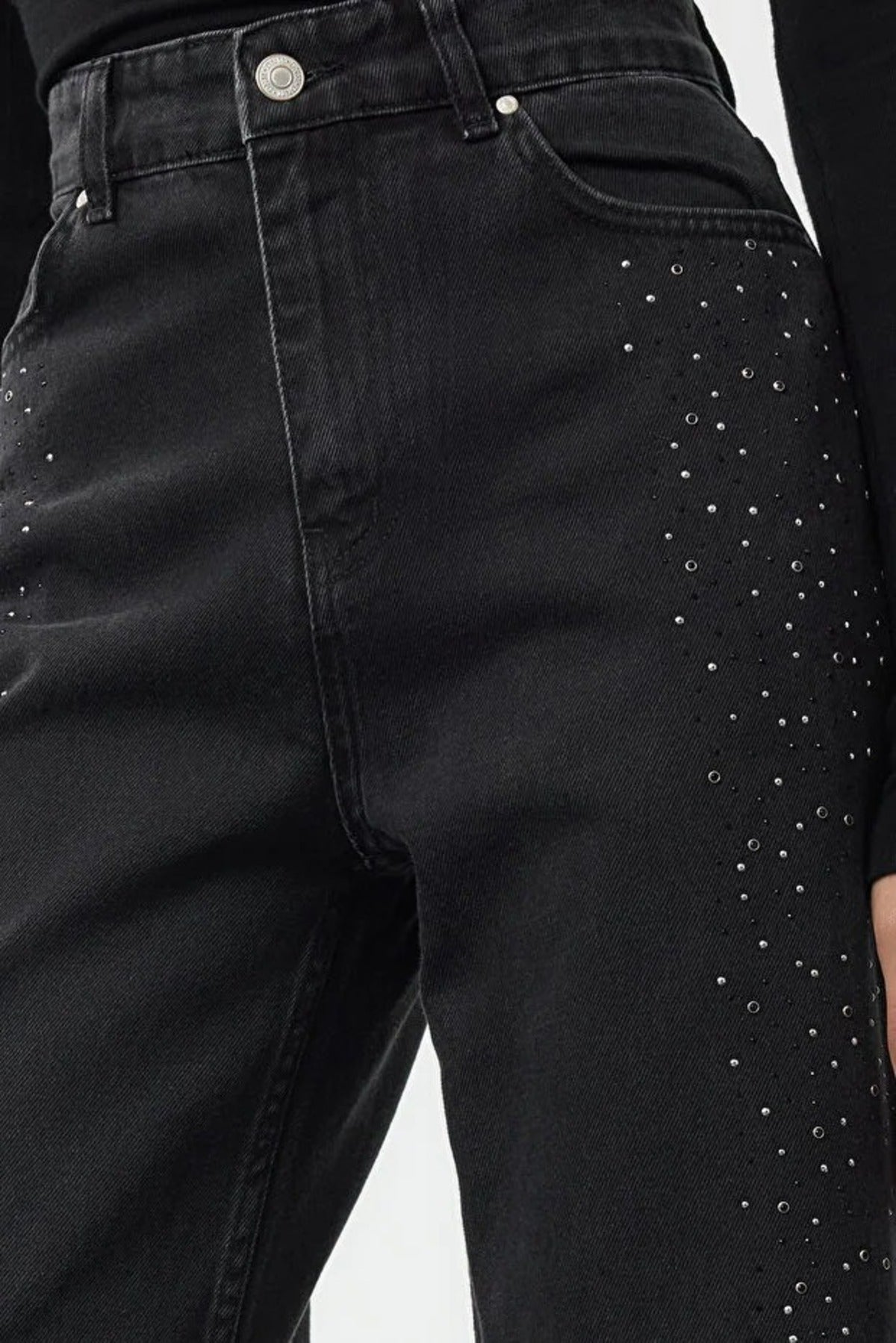 High Waist Wide Leg Jean with Stone Detail