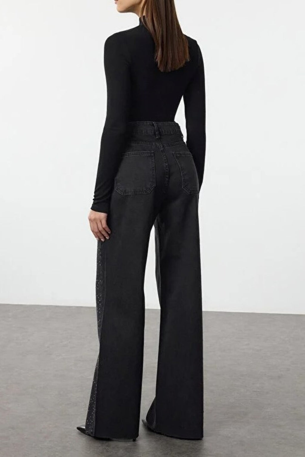 High Waist Wide Leg Jean with Stone Detail