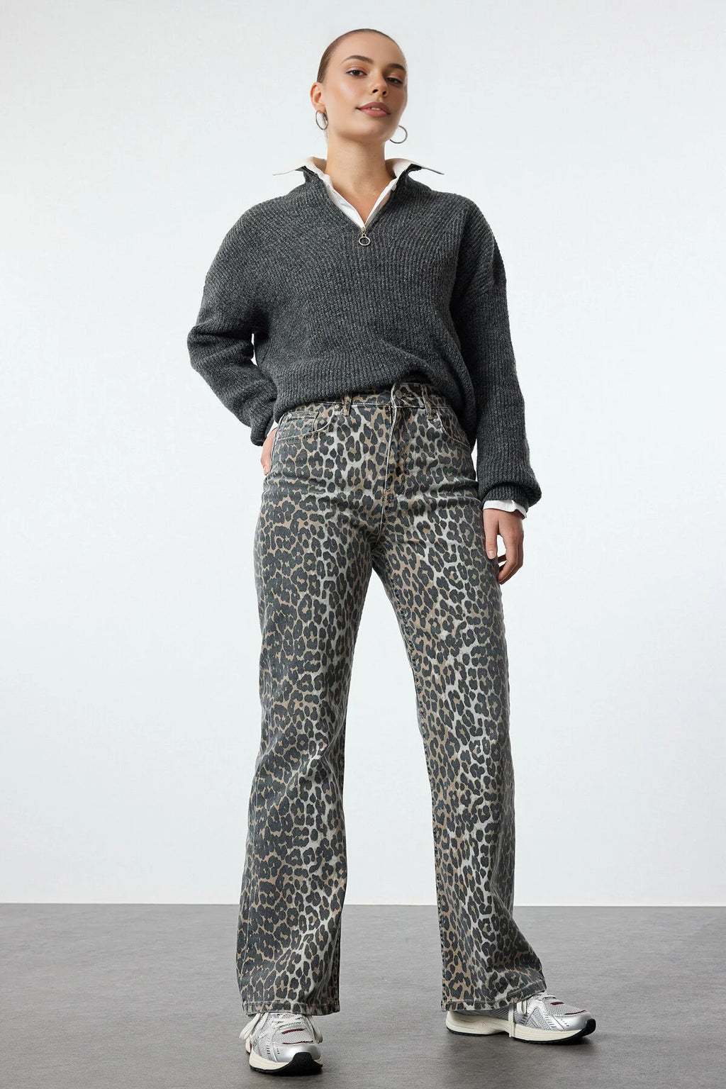 Leopard Print High Waist Wide Leg Jeans