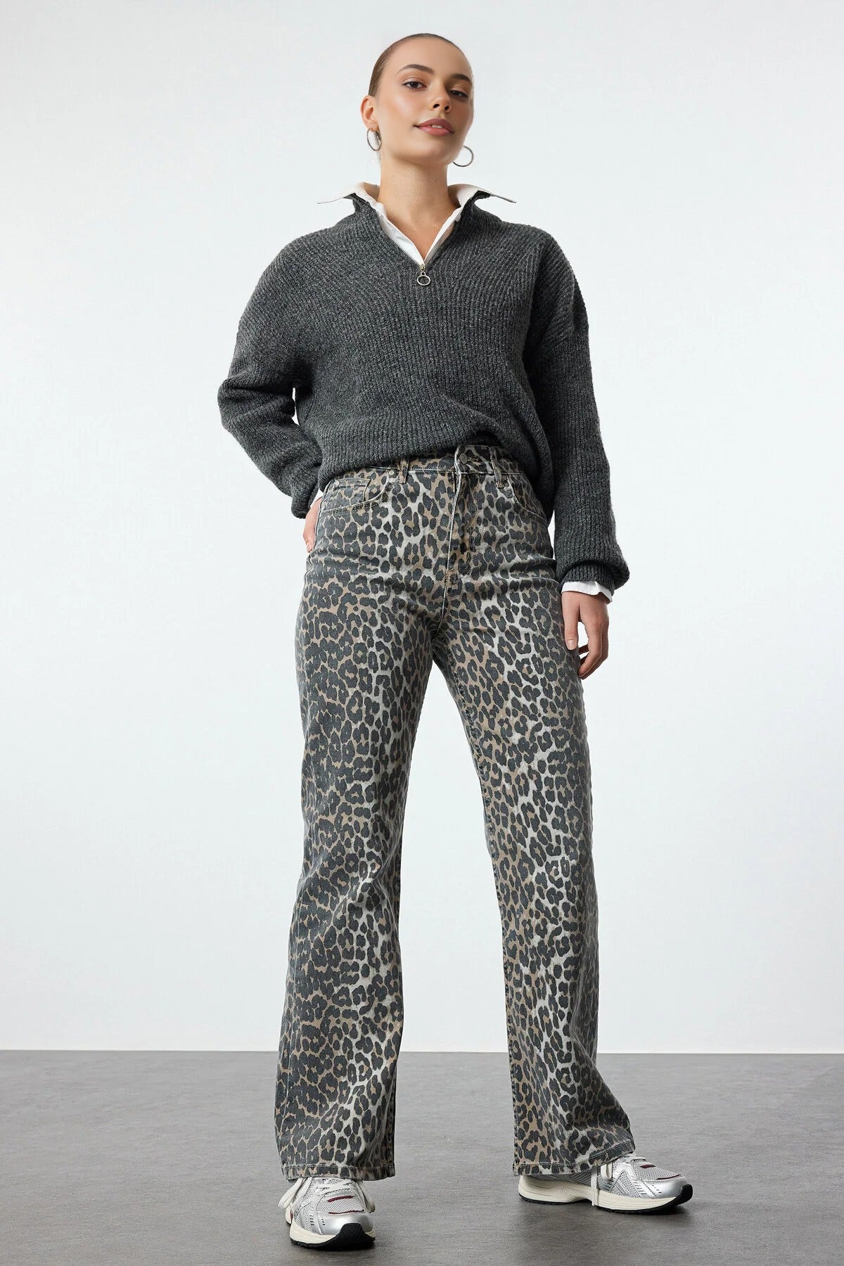 Leopard Print High Waist Wide Leg Jeans