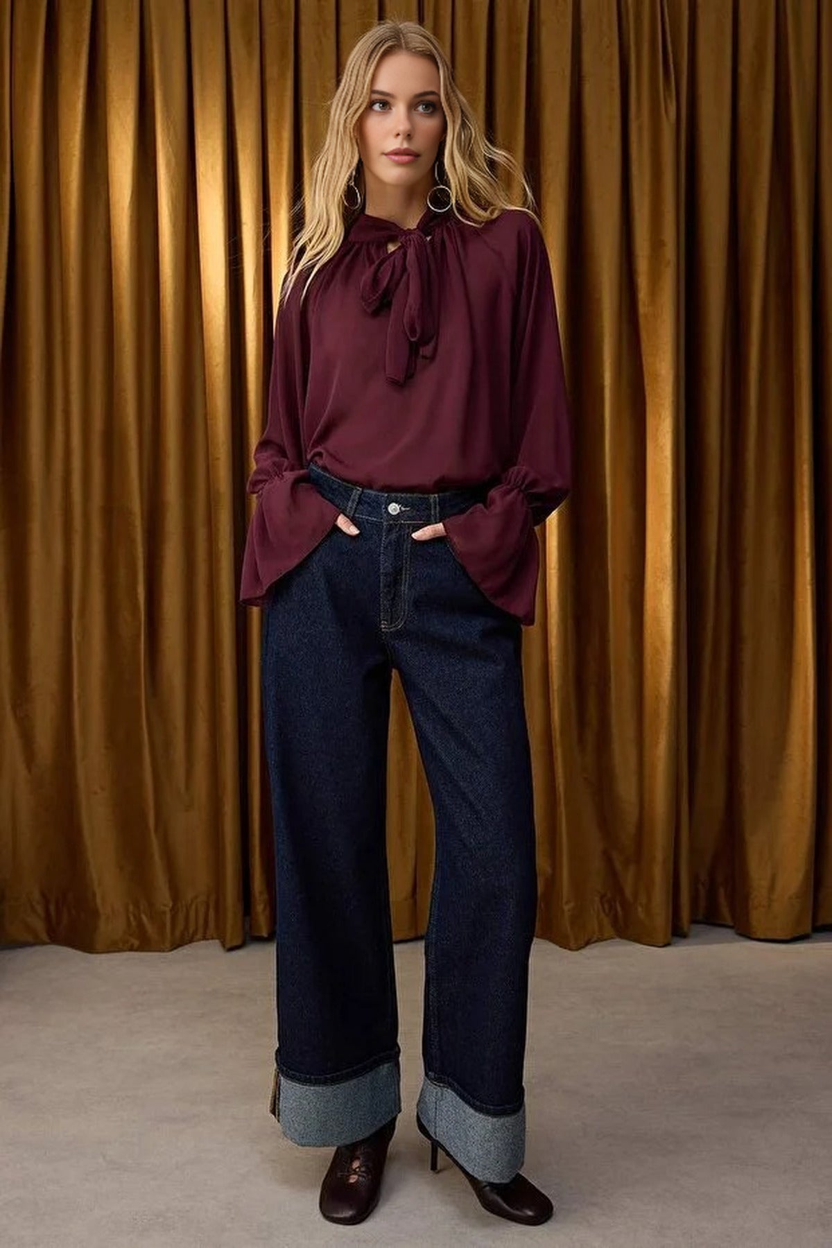 Regular Waist Wide Leg Jeans with Folded Hem