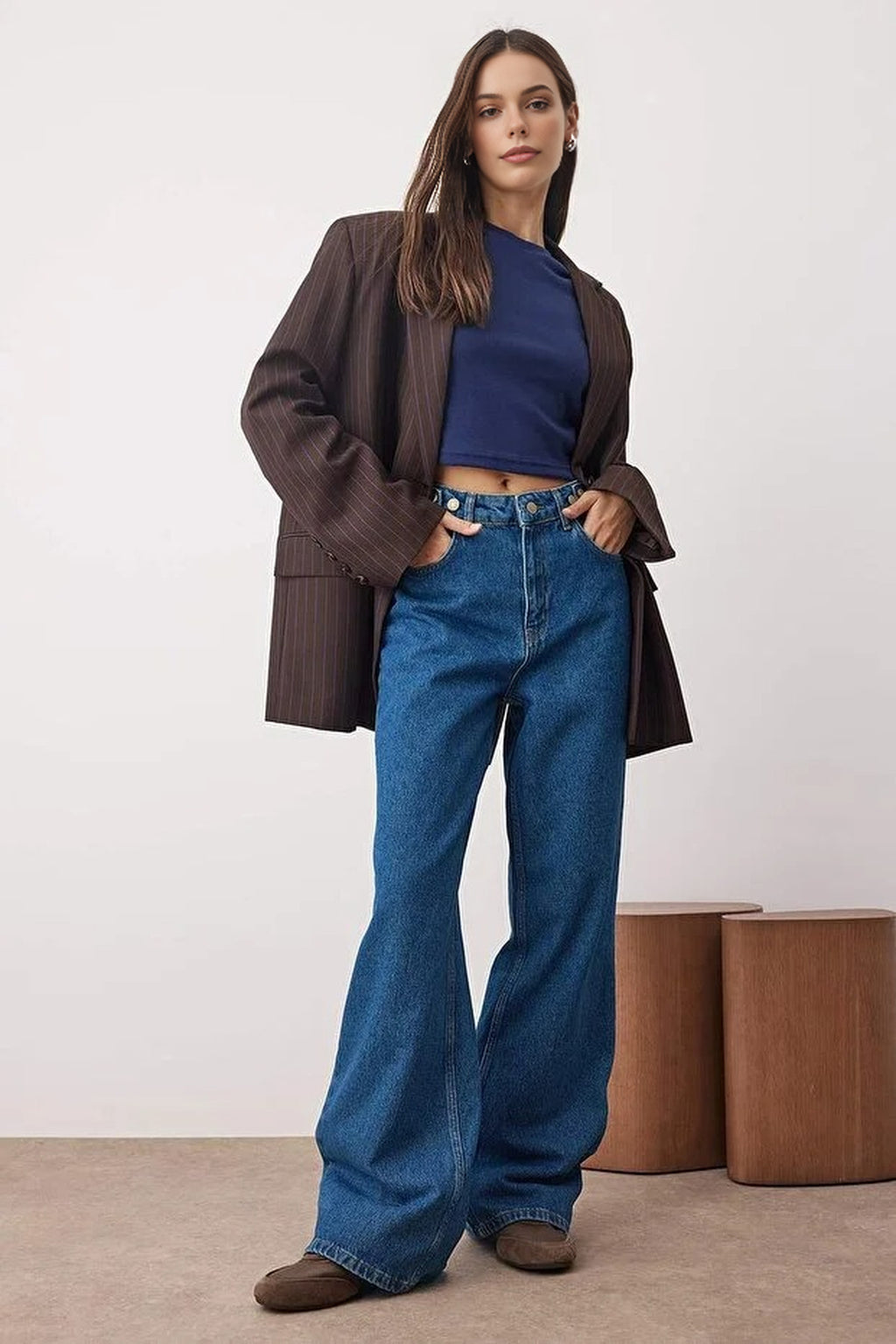High Waist Wide Leg Jeans with Waist Detail