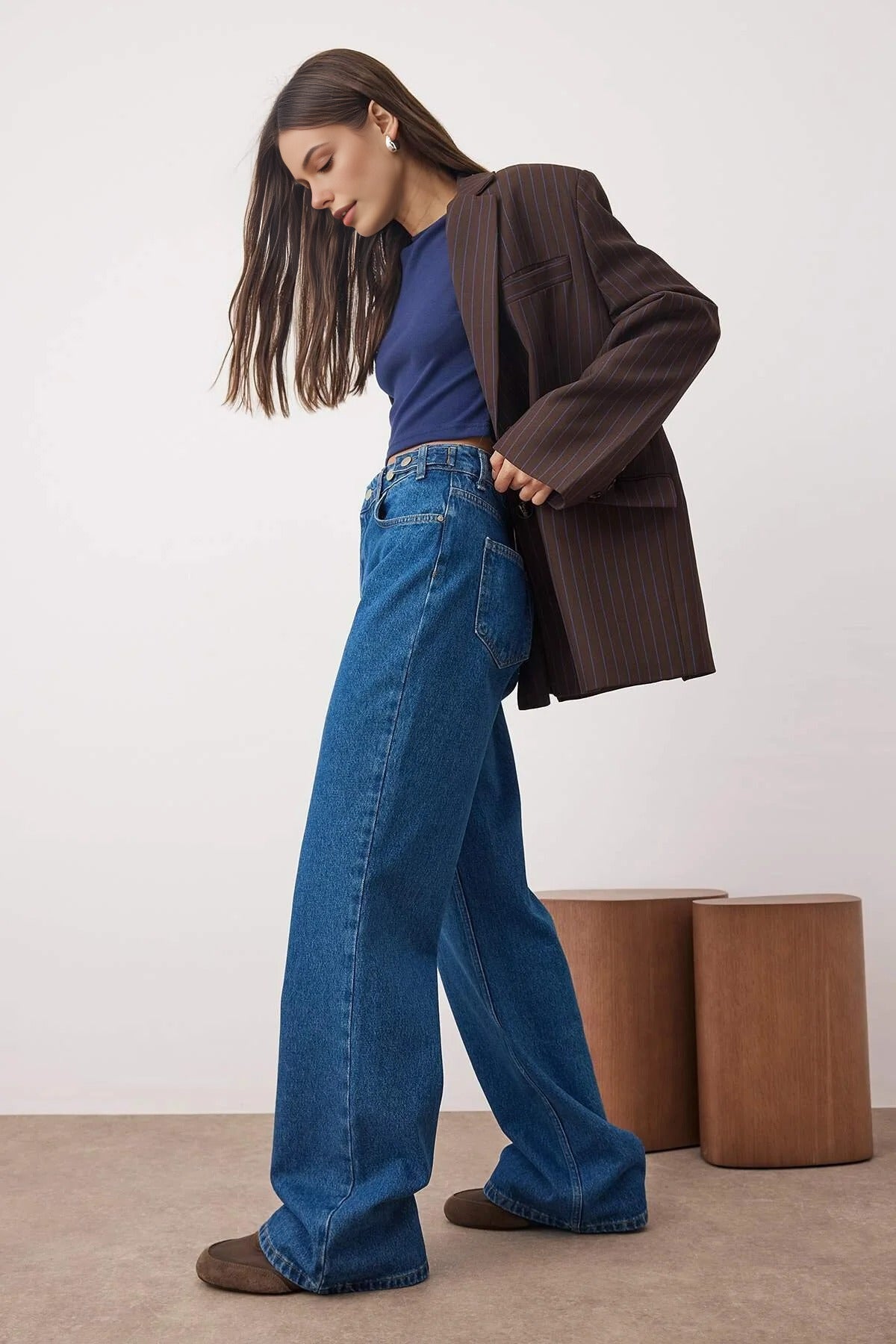 High Waist Wide Leg Jeans with Waist Detail