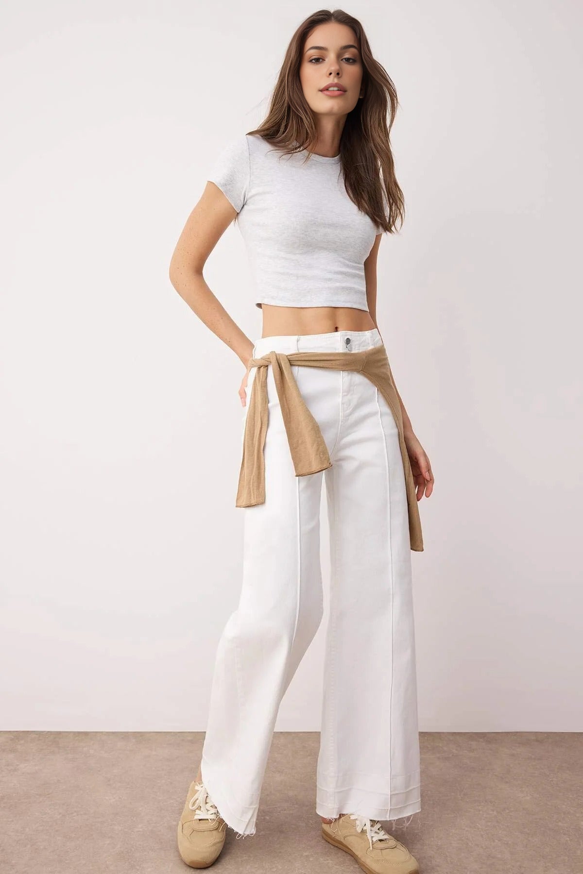 High Waist Cut-Out Wide Leg Jeans with Ribbed Detail