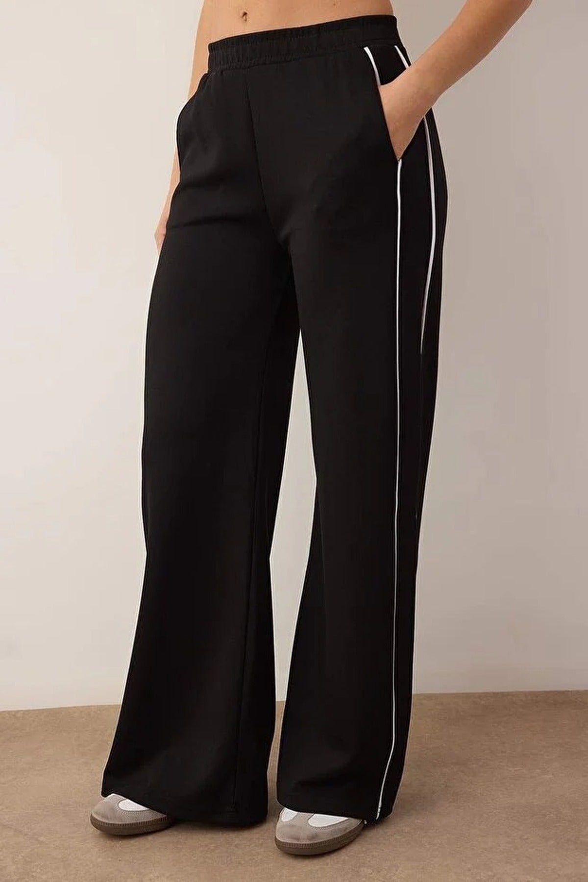Wide Leg Knit Sports Jogger with Piping Detail