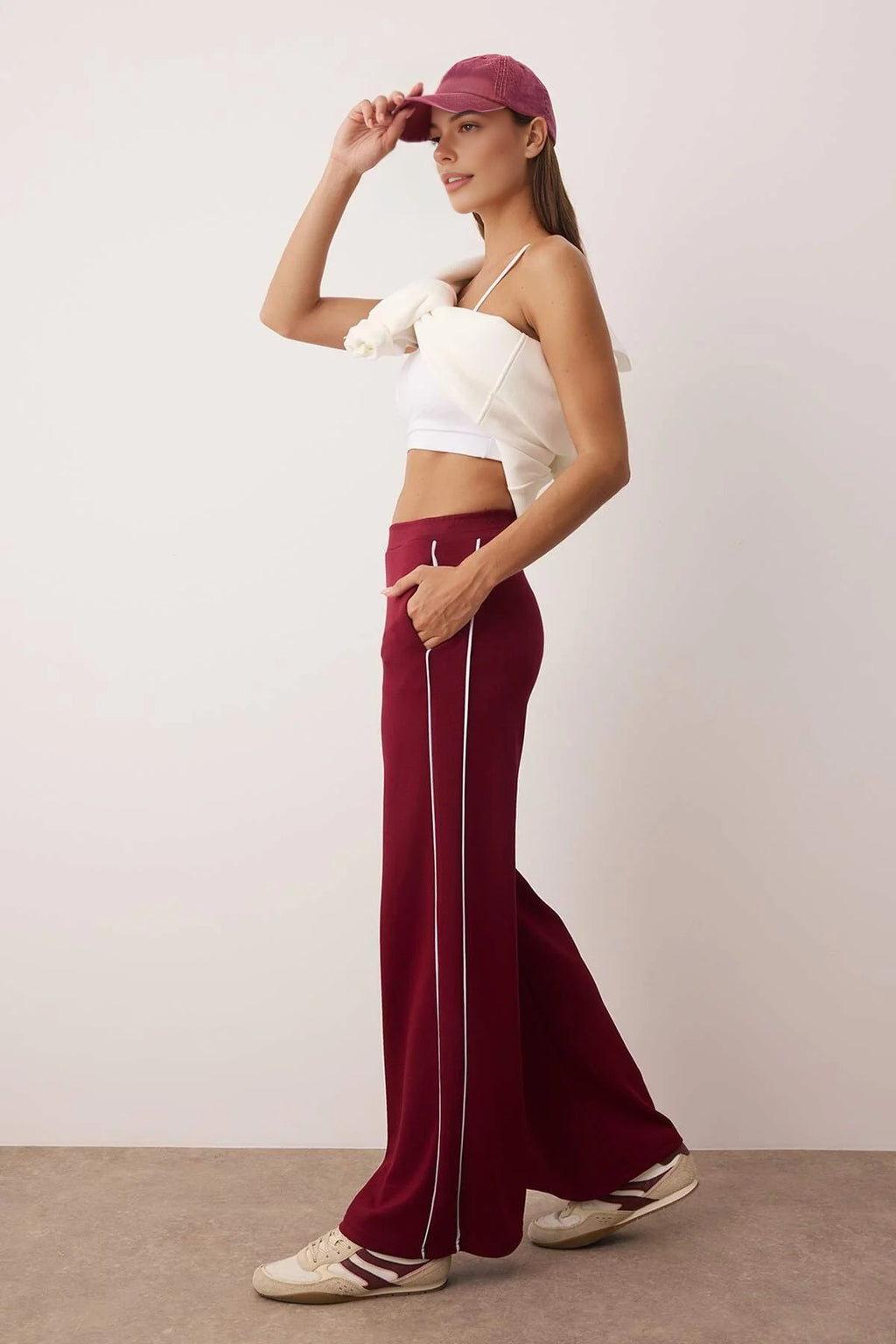 Wide Leg Knit Sports Jogger with Piping Detail