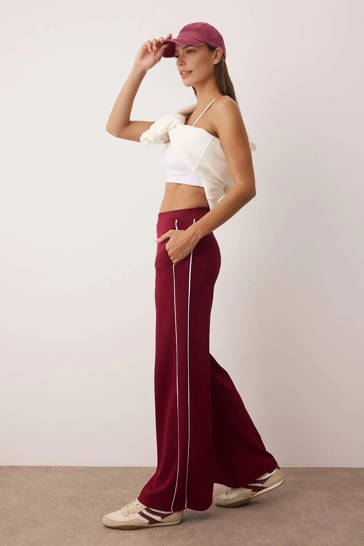 Wide Leg Knit Sports Jogger with Piping Detail