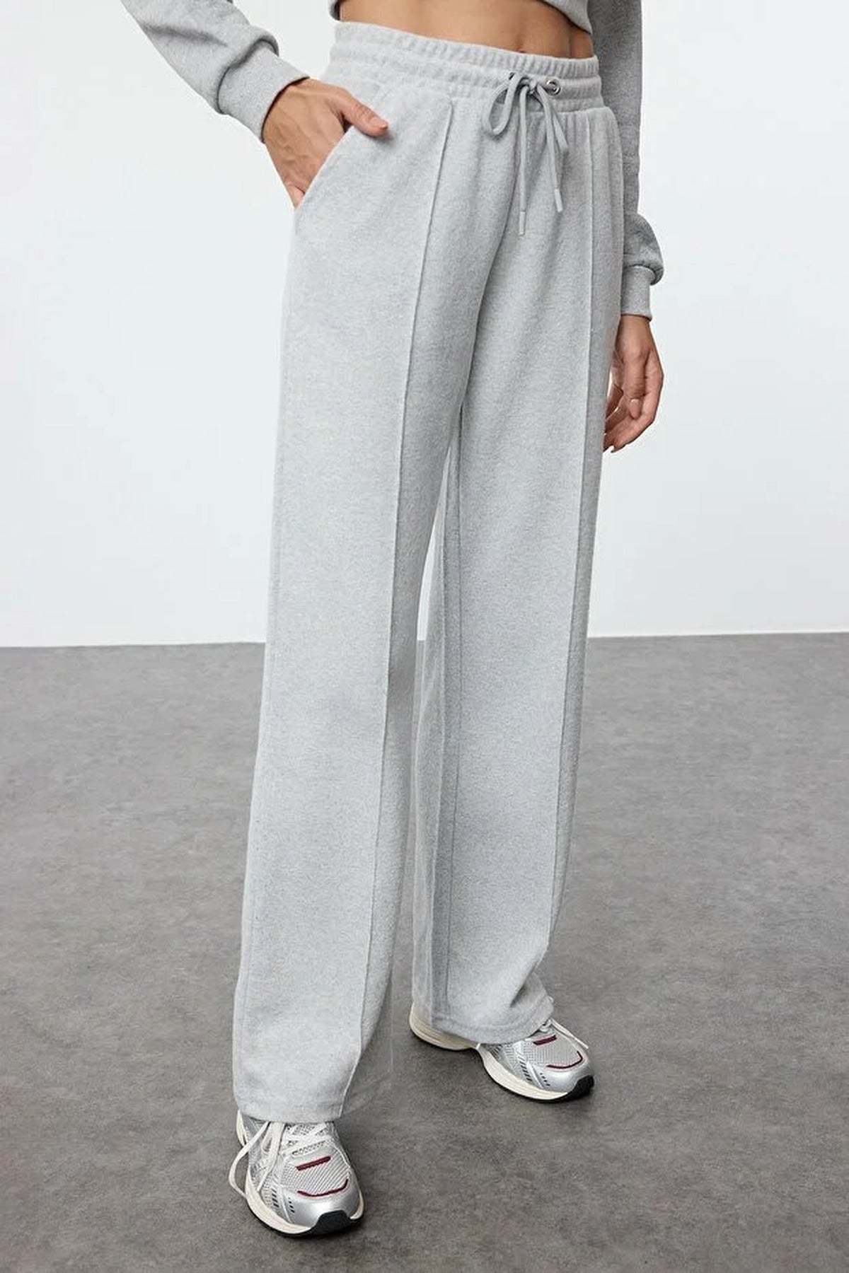 Wide Knit Jogger with Ribbed Detail and Pockets