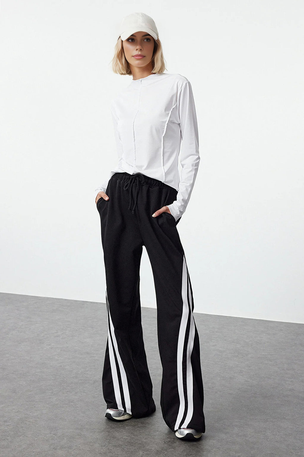 Cotton Wide Leg Knitted Jogger with Color Block & Stripe Detail