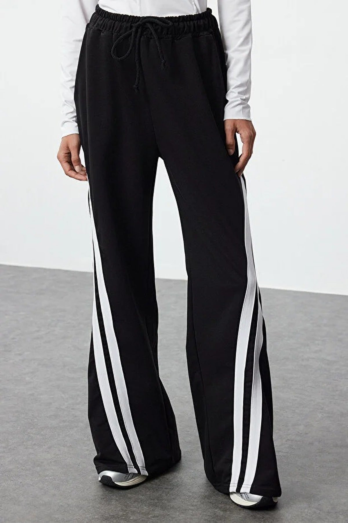 Cotton Wide Leg Knitted Jogger with Color Block & Stripe Detail