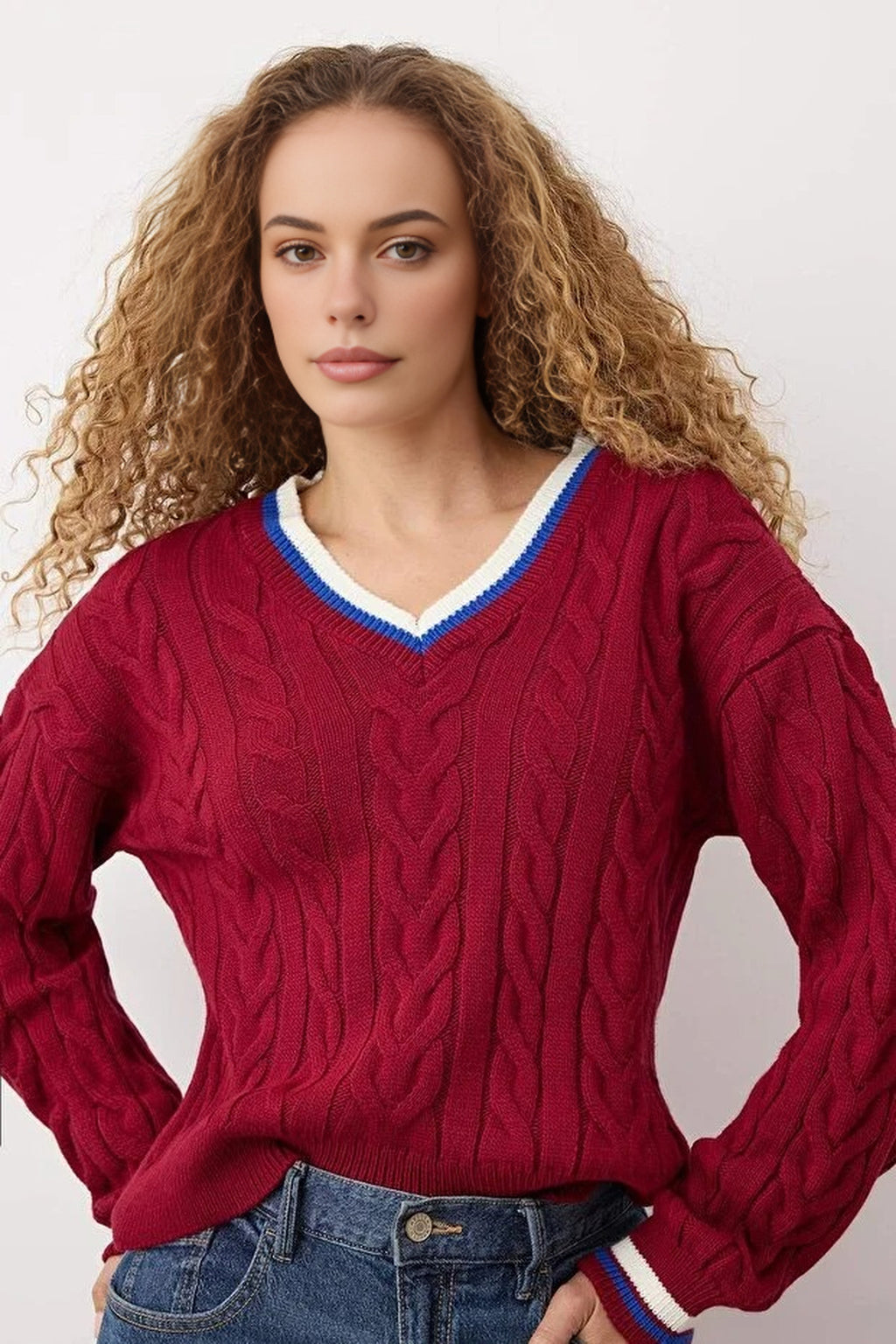 Cable Knit V Neck Jumper