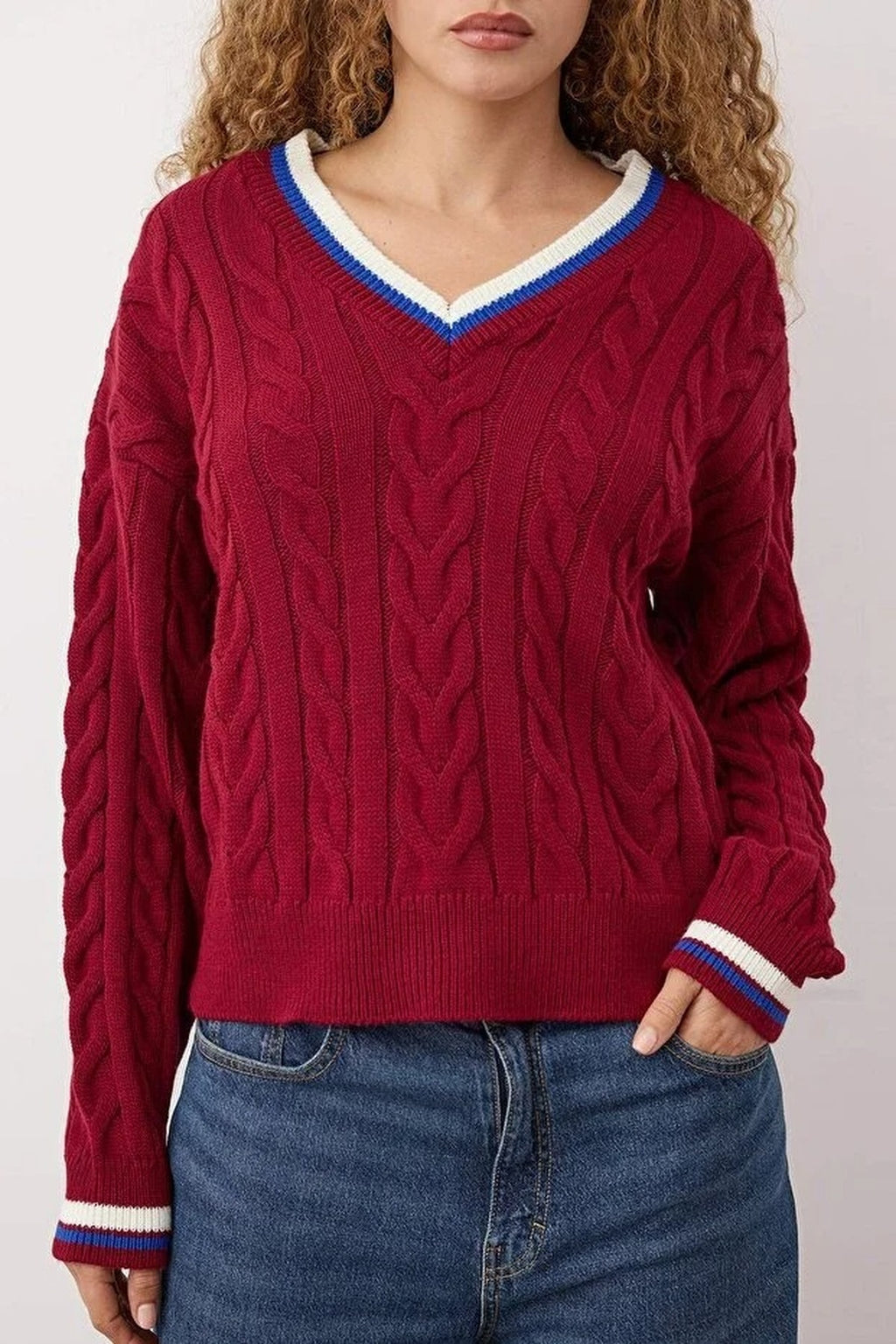 Cable Knit V Neck Jumper