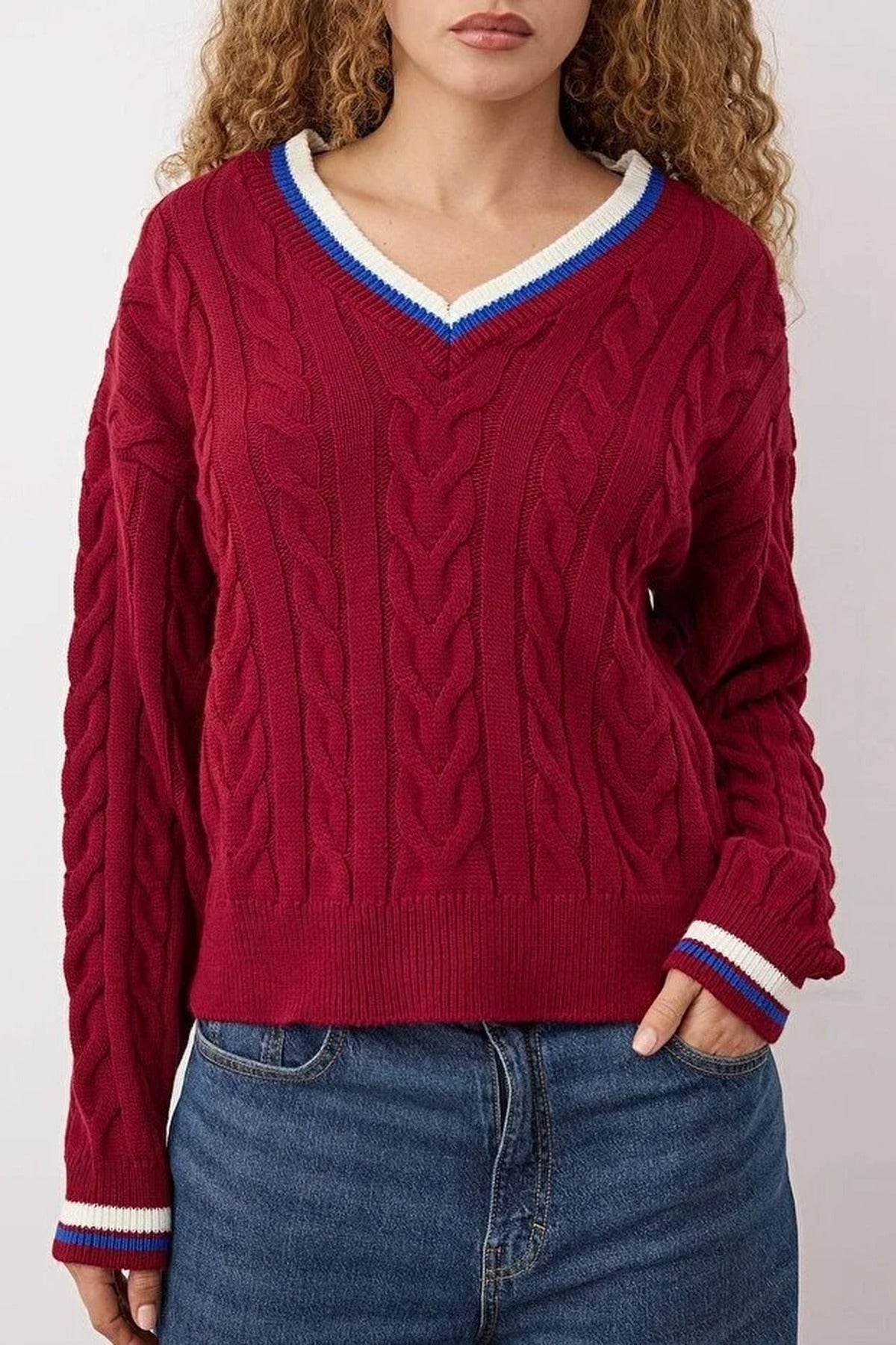 Cable Knit V Neck Jumper