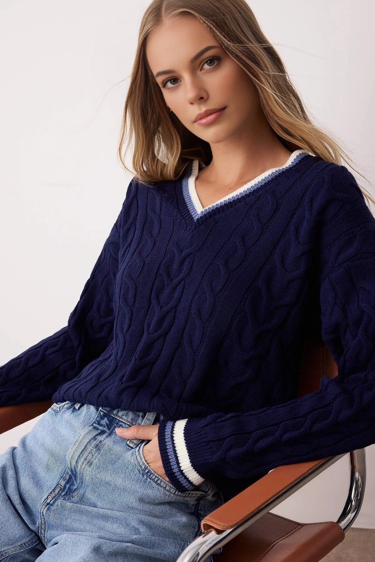 Cable Knit V Neck Jumper