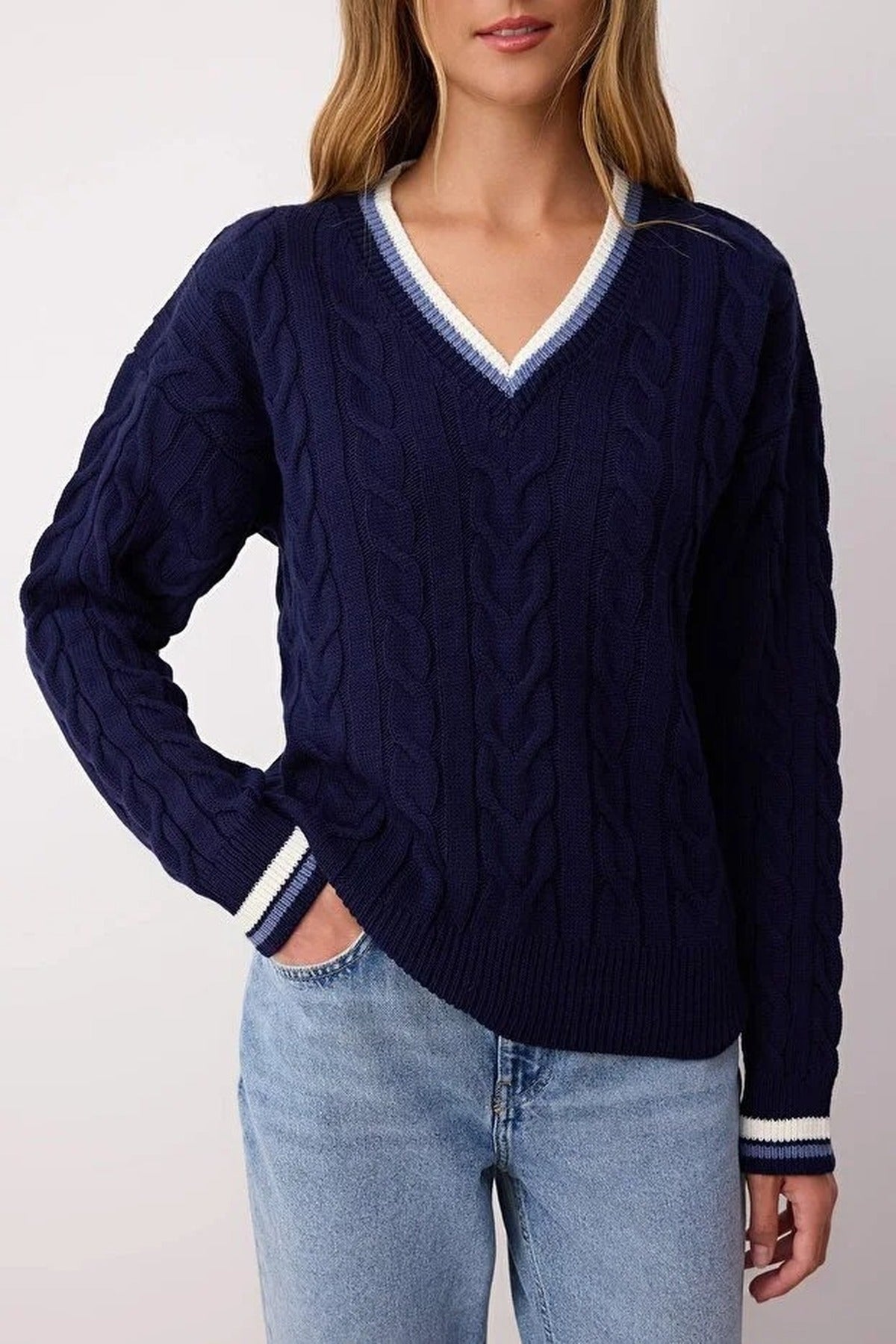 Cable Knit V Neck Jumper