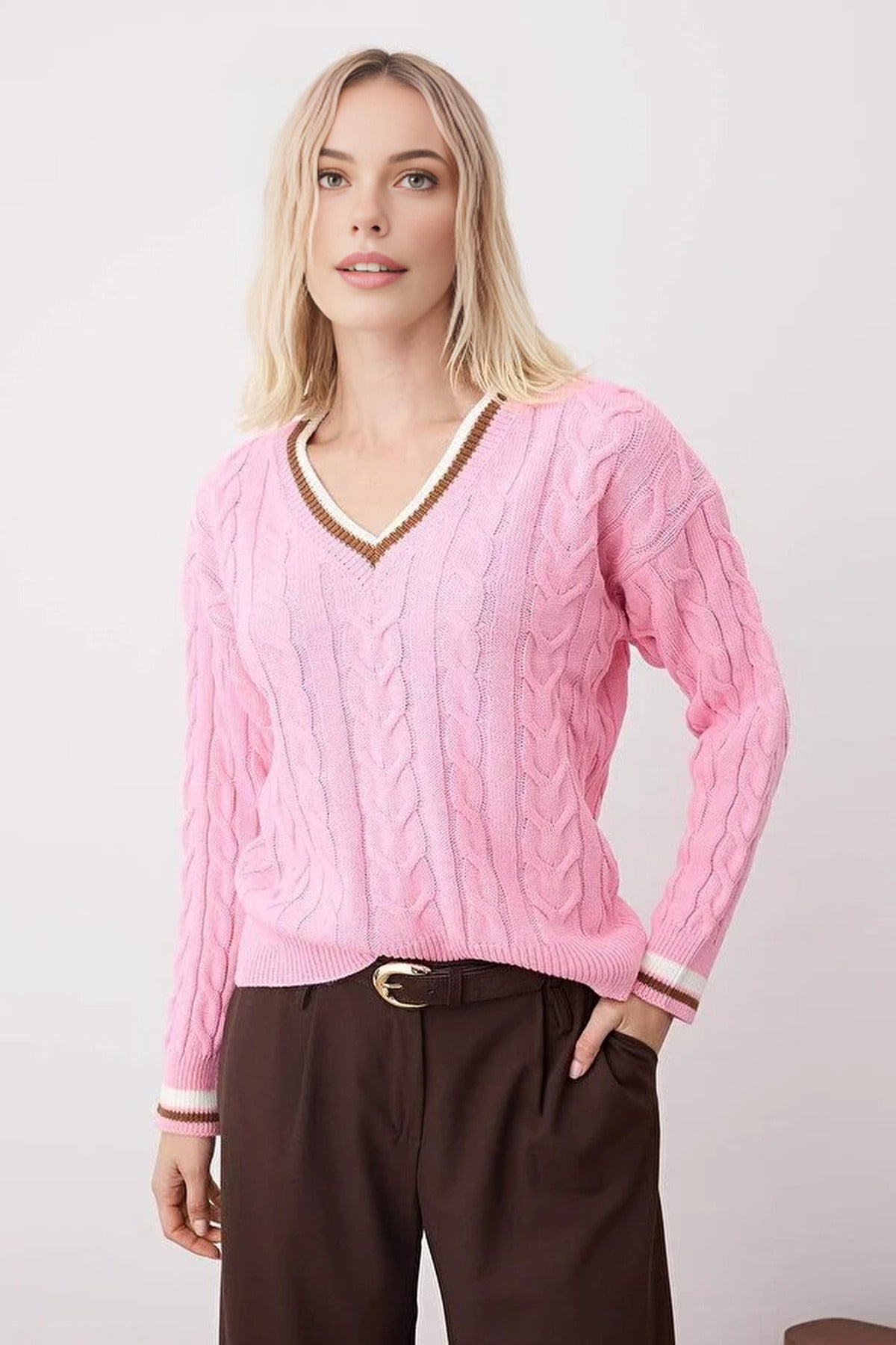 Cable Knit V Neck Jumper