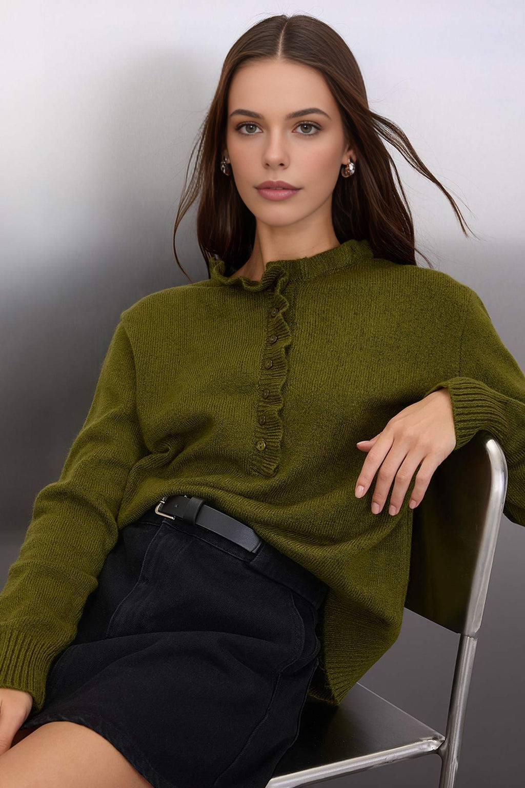 Collar-Detail Soft-Textured Knit Sweater