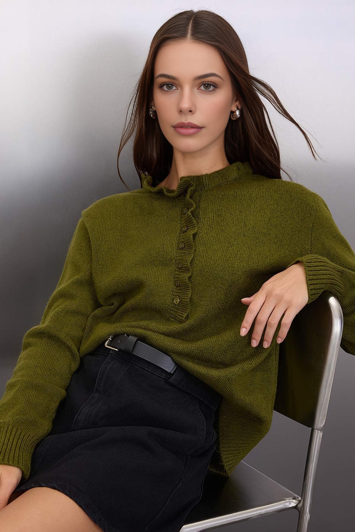 Collar-Detail Soft-Textured Knit Sweater