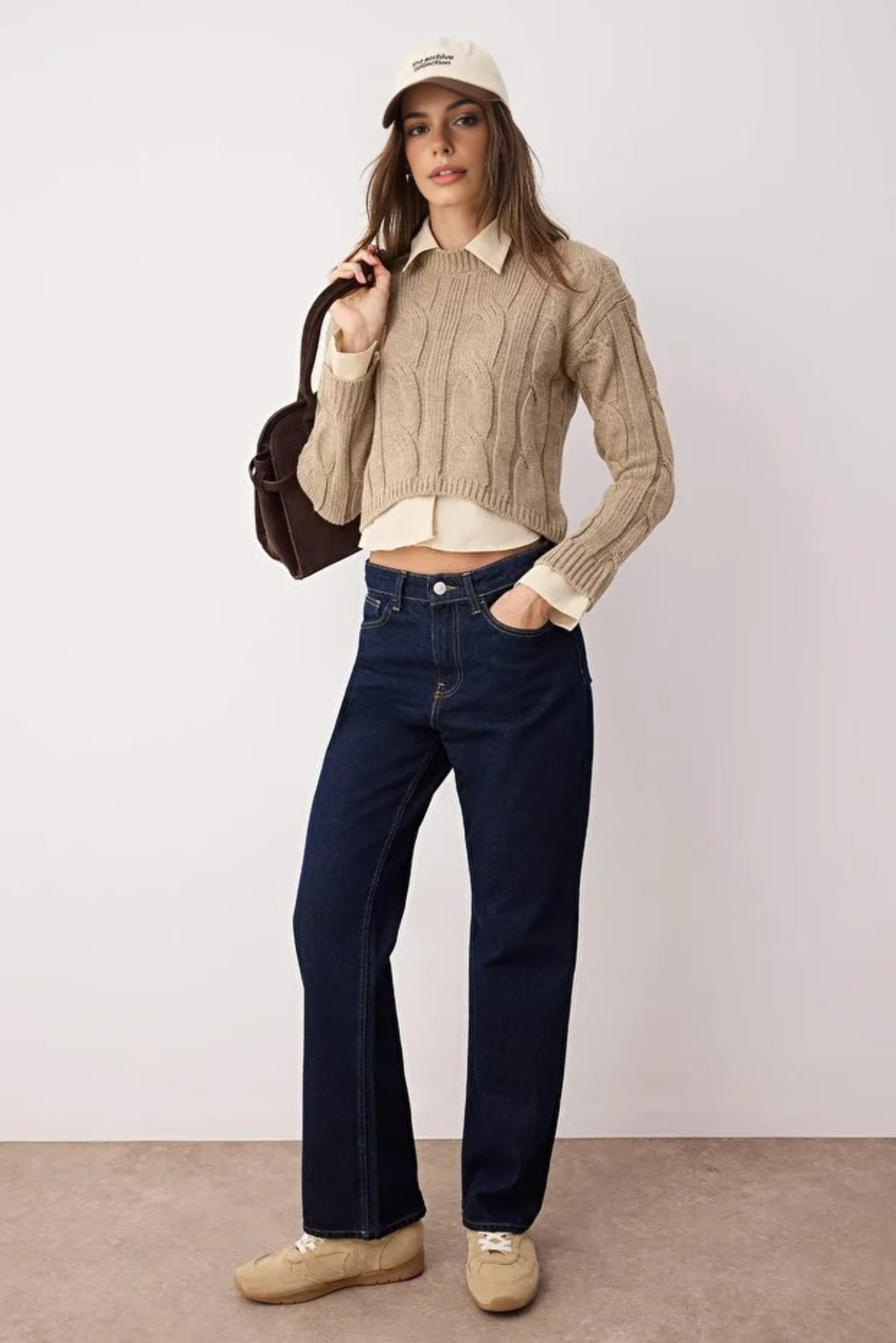 Cropped Knit Sweater with Shirt Panel Detail