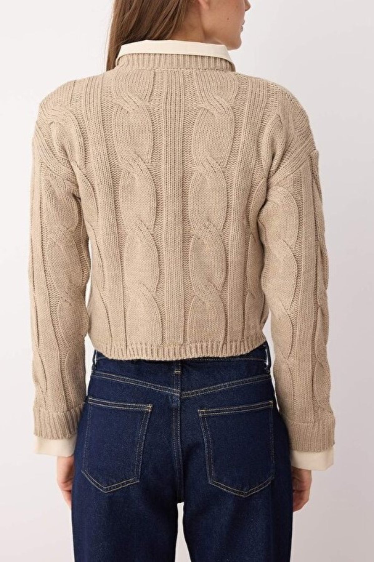 Cropped Knit Sweater with Shirt Panel Detail