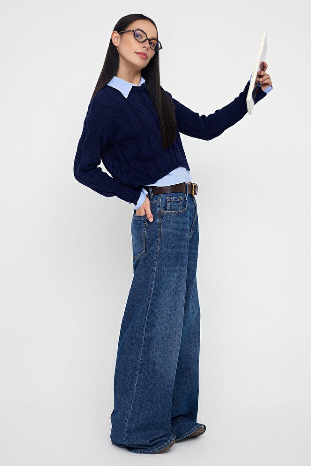 Cropped Knit Sweater with Shirt Panel Detail