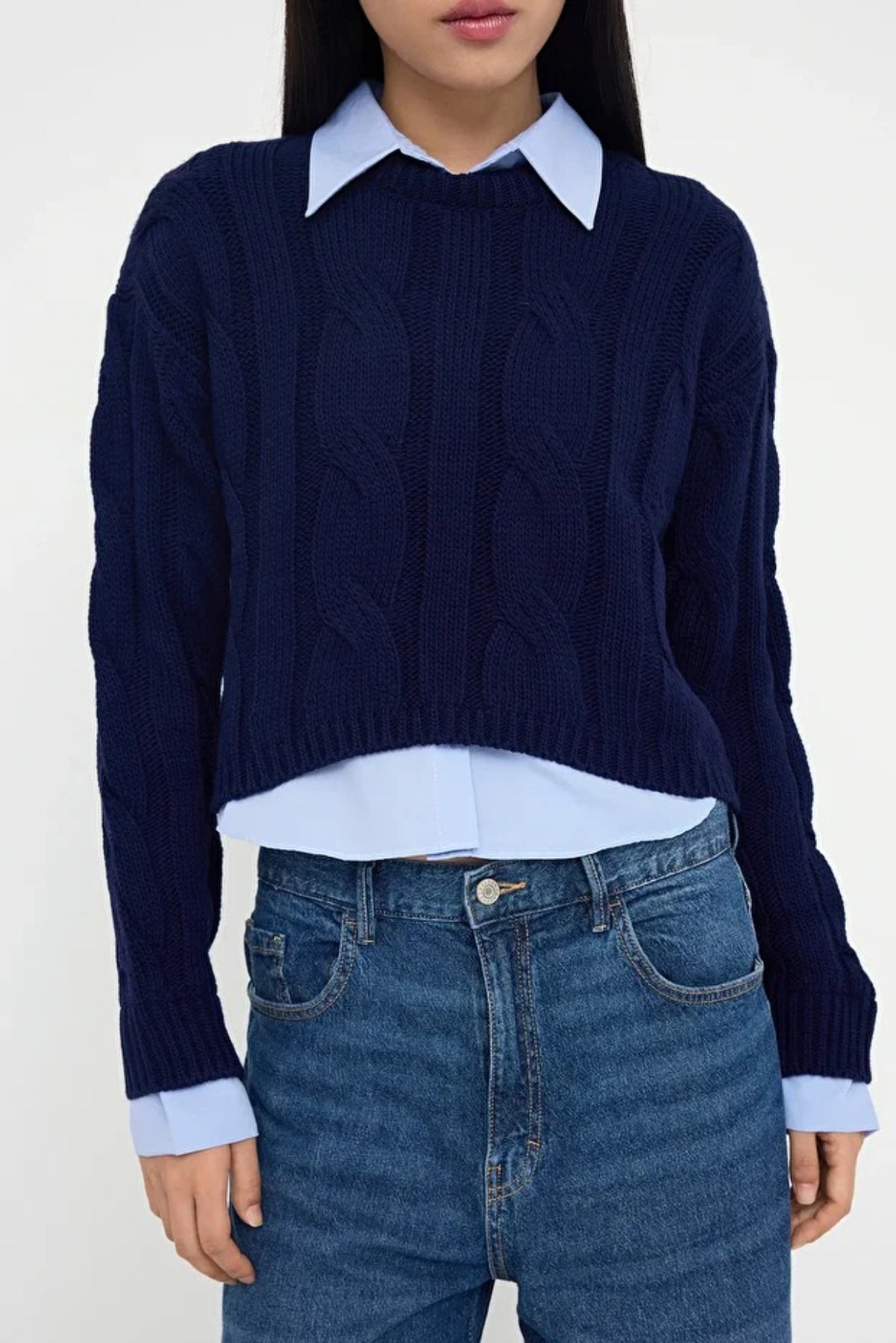 Cropped Knit Sweater with Shirt Panel Detail