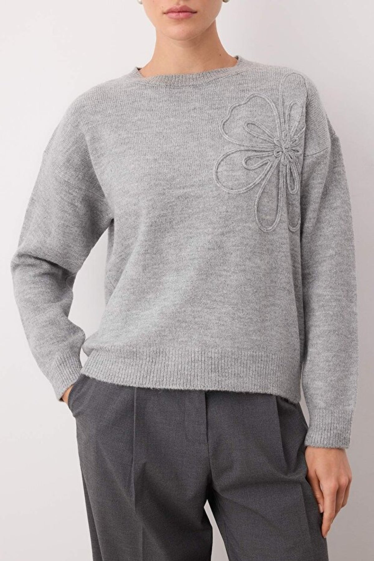 Soft-Textured Floral Patterned Knit Sweater