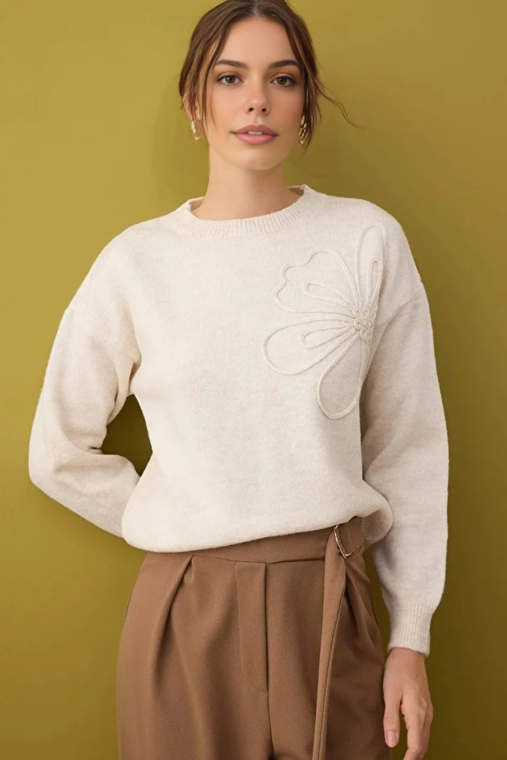 Soft-Textured Floral Patterned Knit Sweater