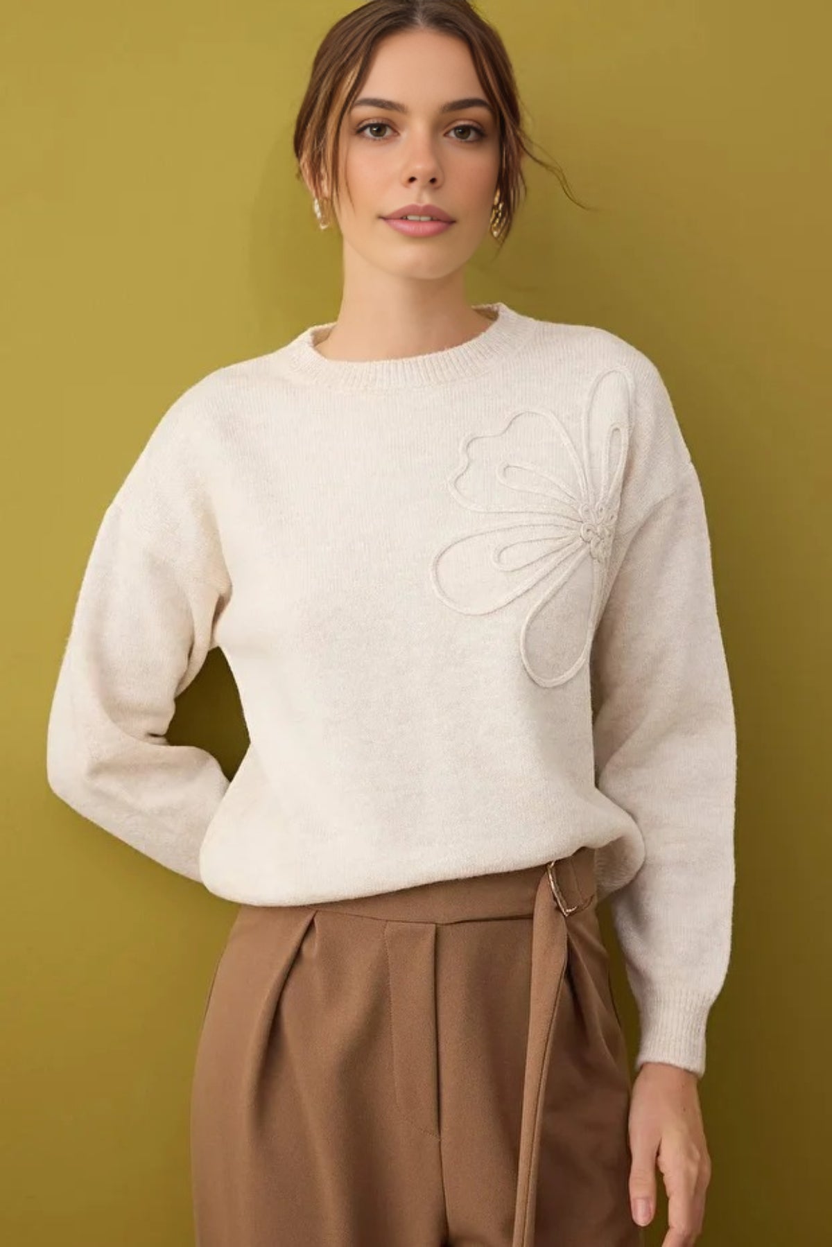 Soft-Textured Floral Patterned Knit Sweater