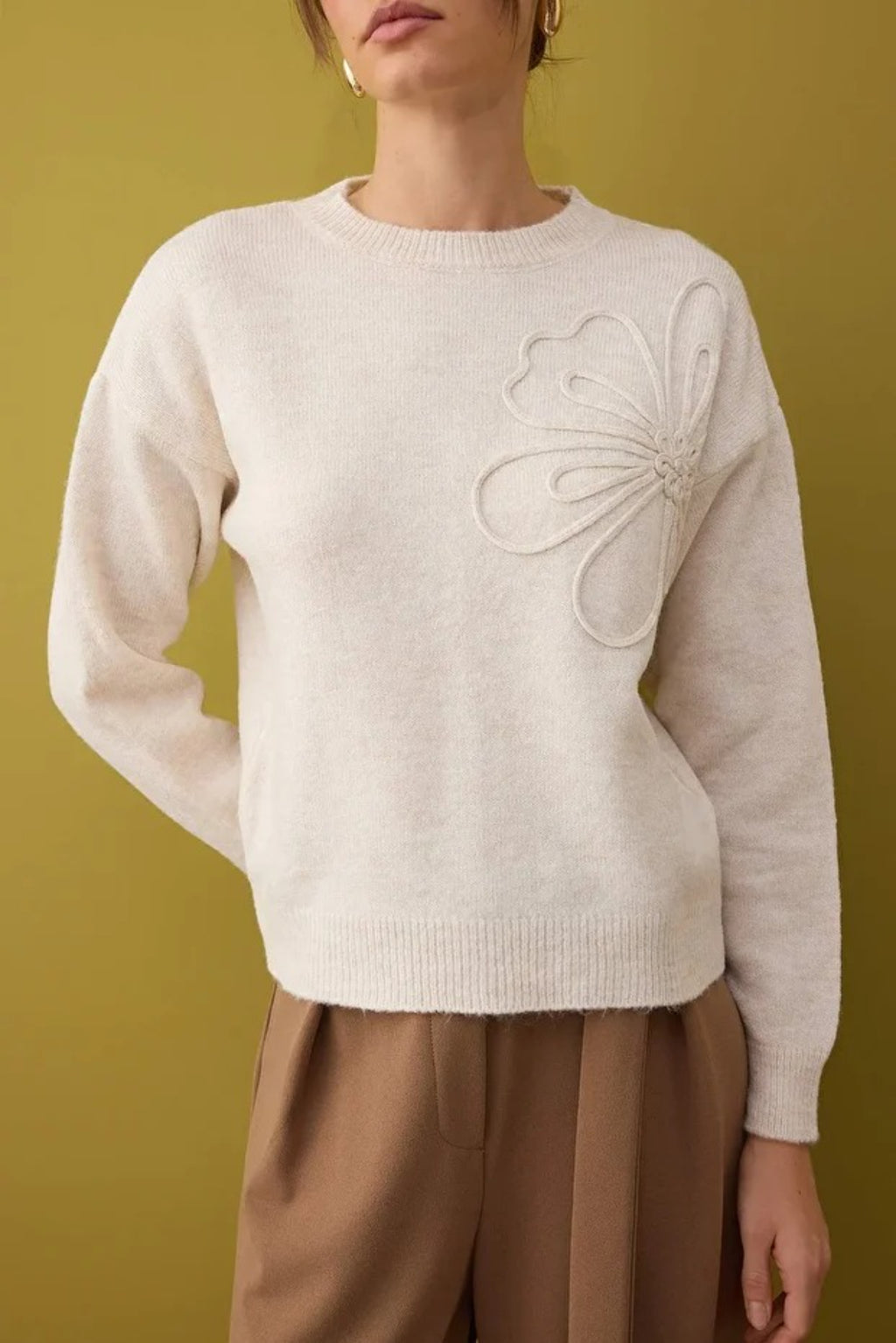 Soft-Textured Floral Patterned Knit Sweater