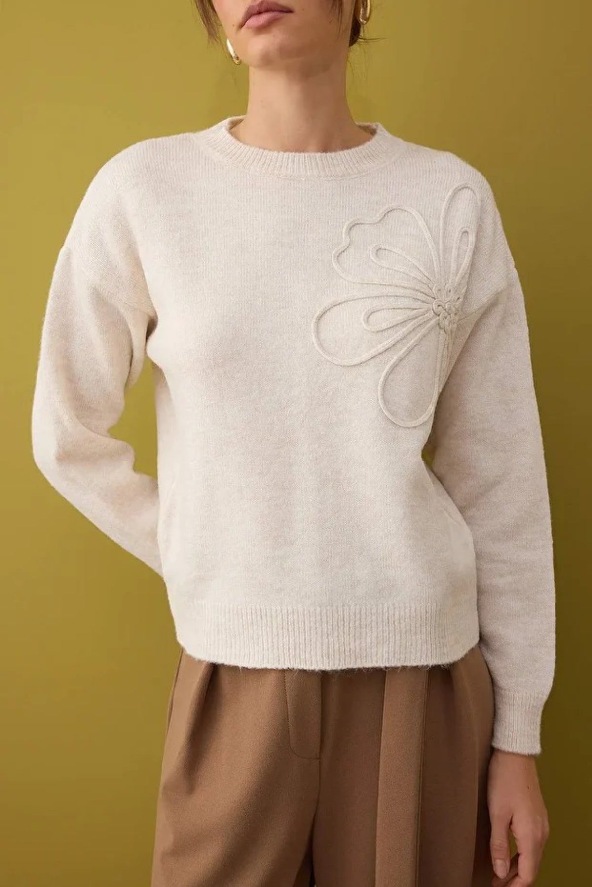 Soft-Textured Floral Patterned Knit Sweater