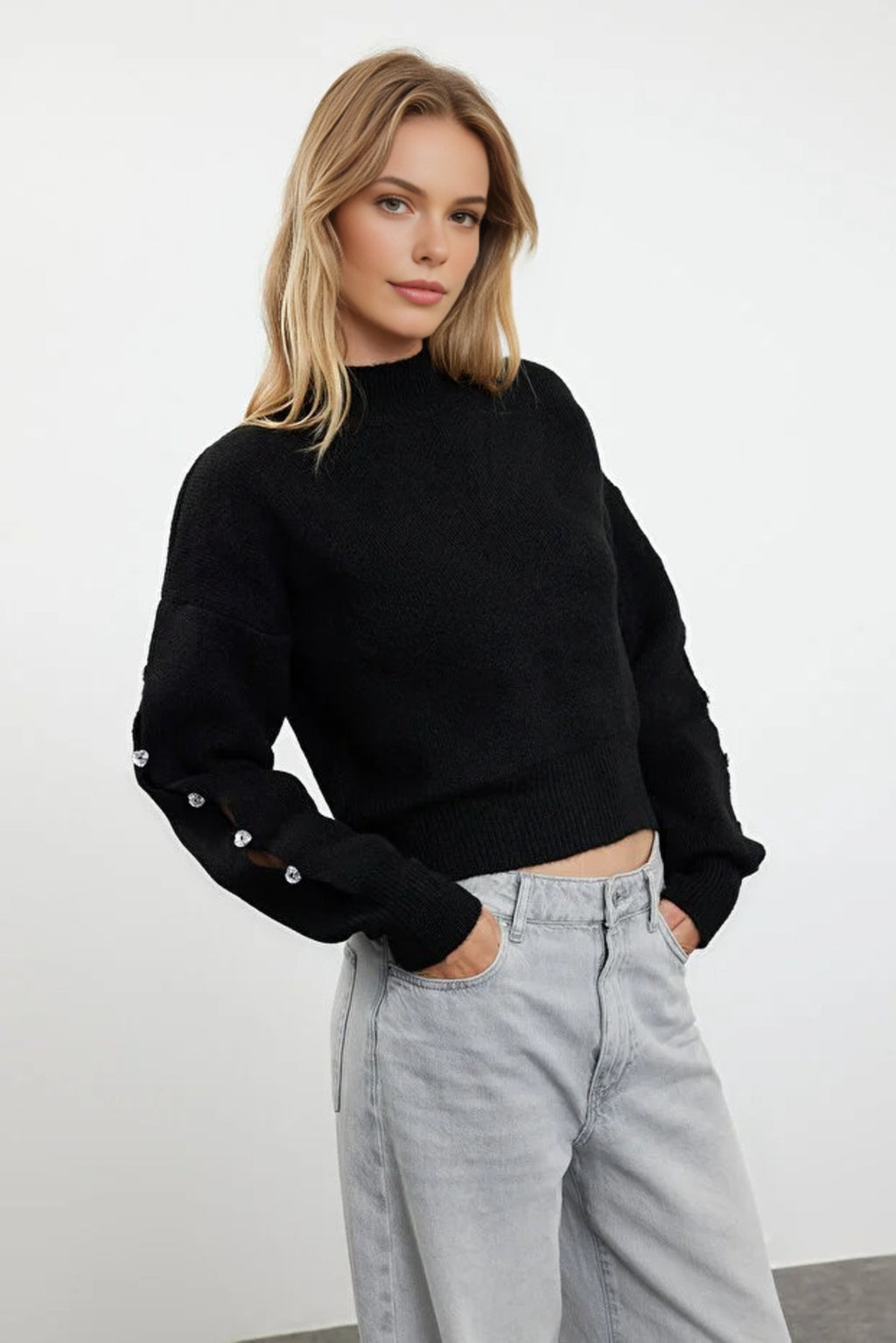 Soft Textured Button Detailed Knit Sweater