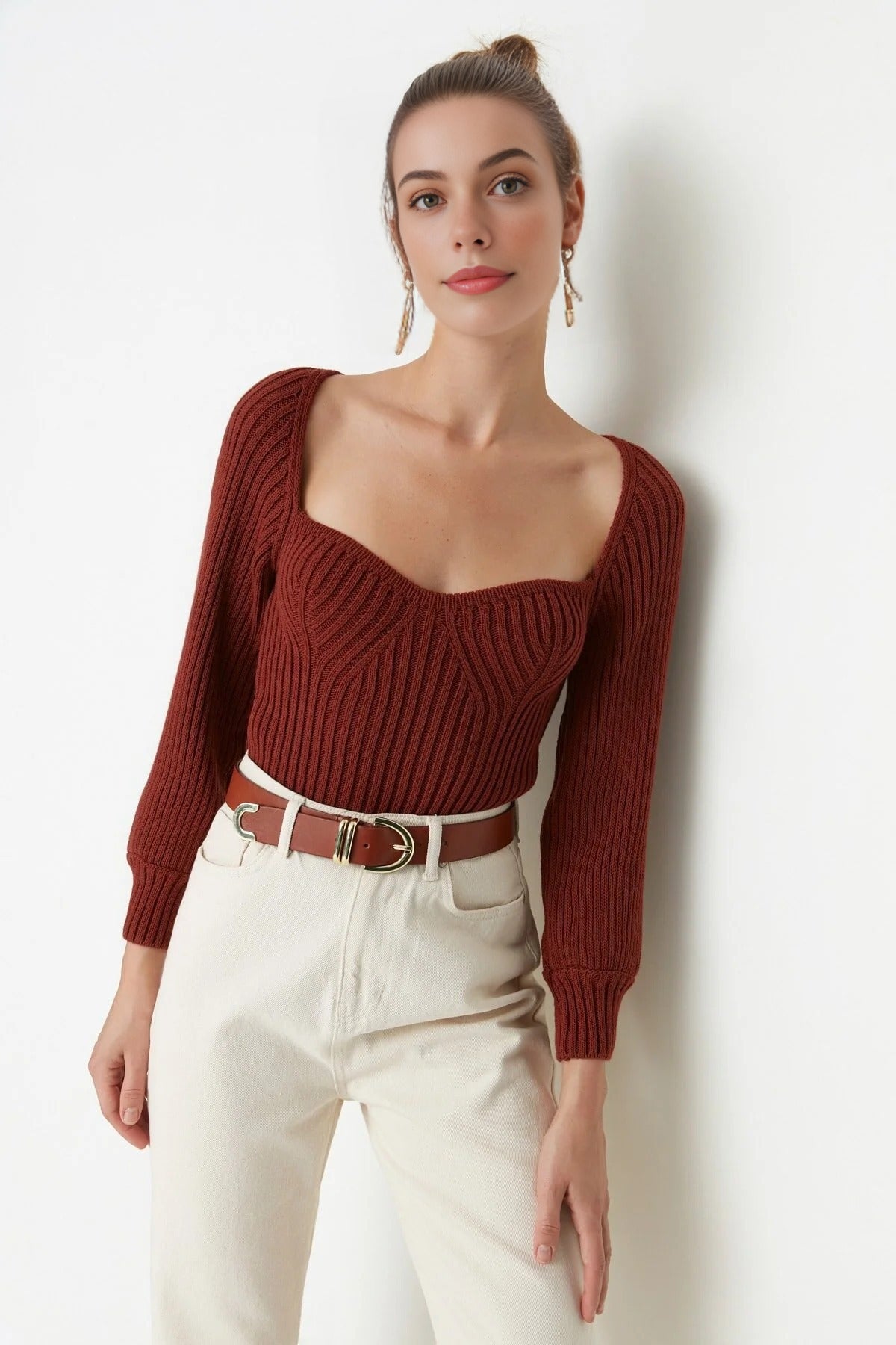 Crop Sweetheart Neck Knit Sweater