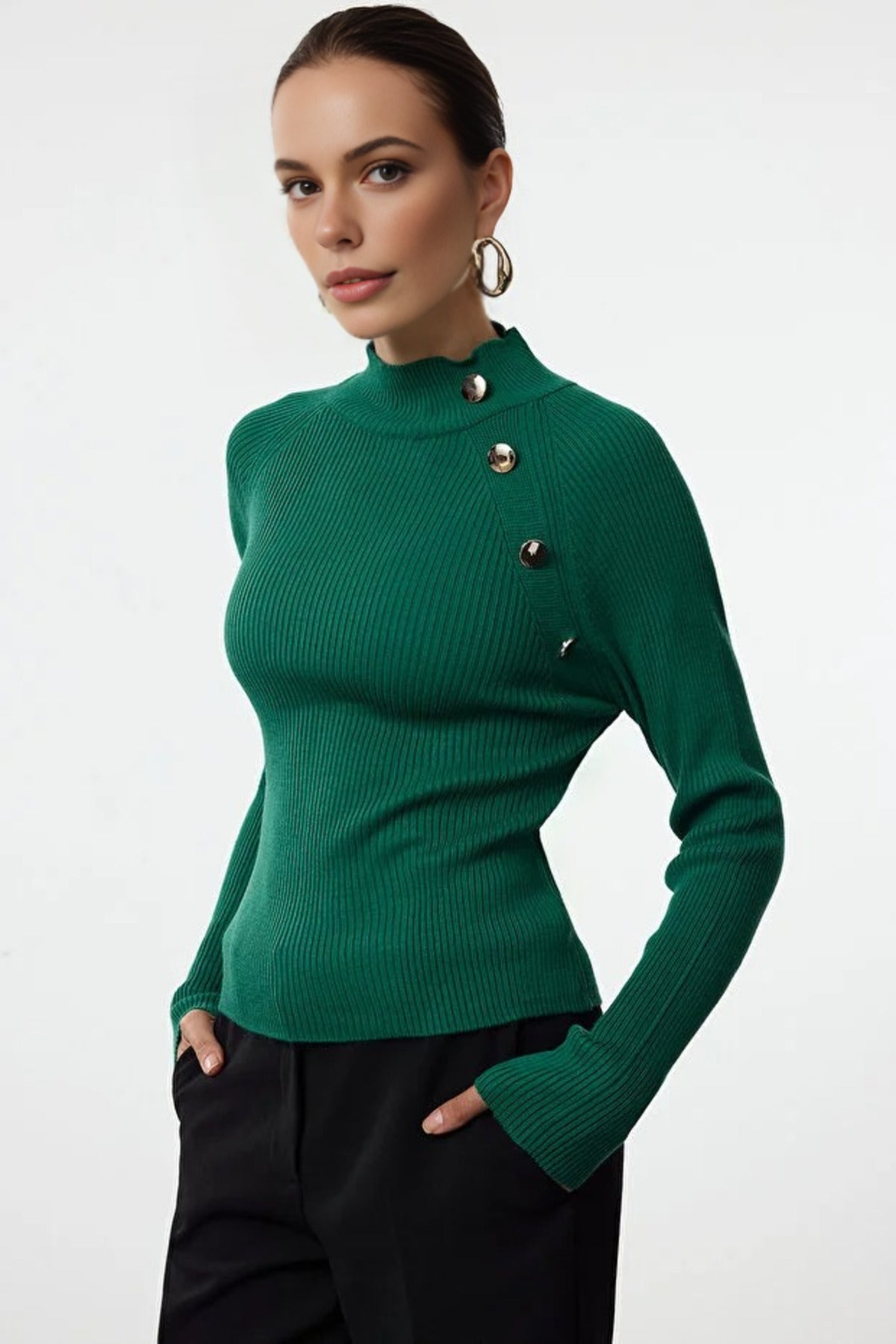 Stand-Up Collar Slim Fitted Knit Sweater with Button Details