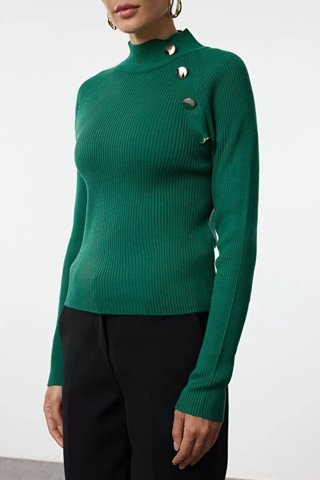 Stand-Up Collar Slim Fitted Knit Sweater with Button Details