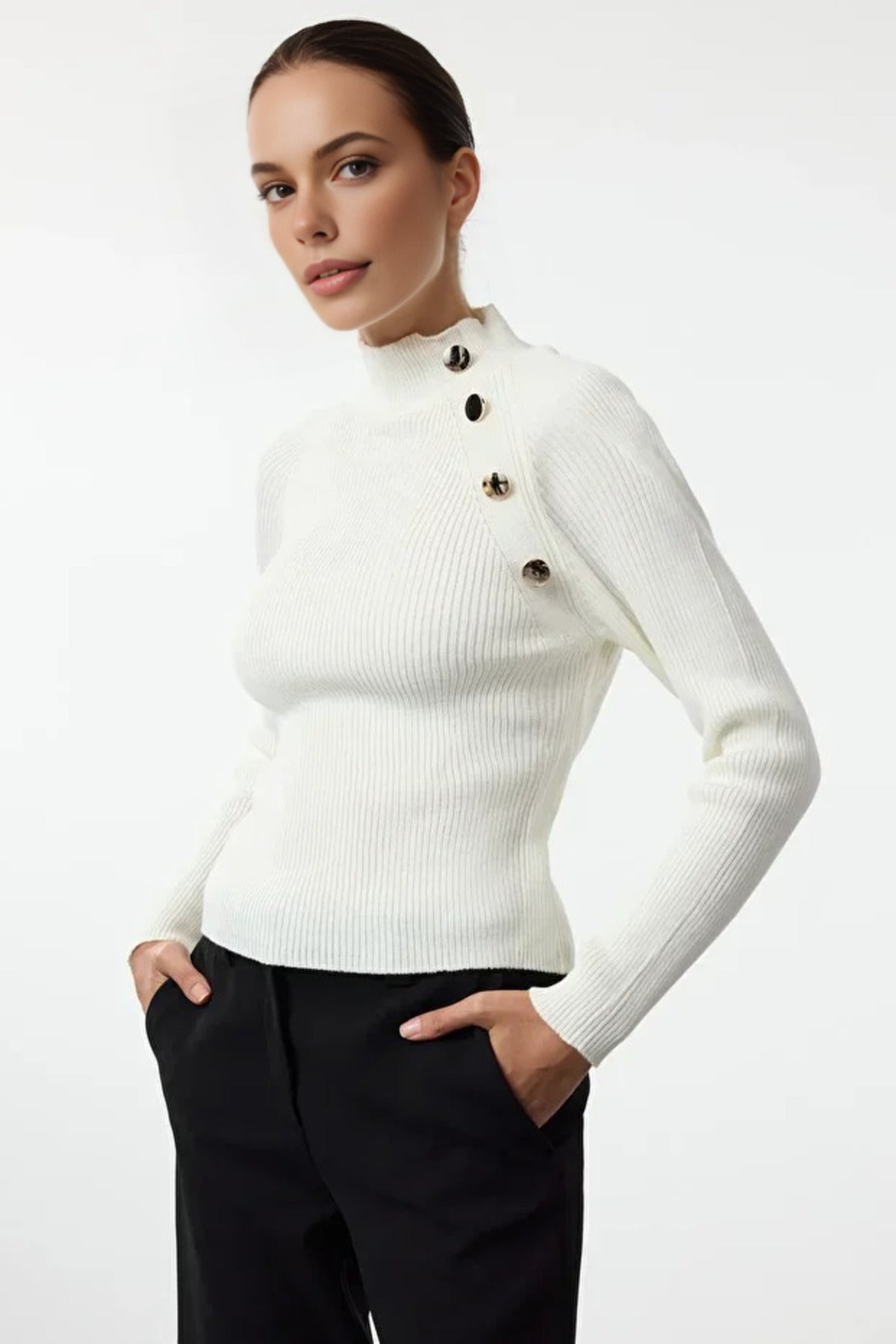 Stand-Up Collar Slim Fitted Knit Sweater with Button Details