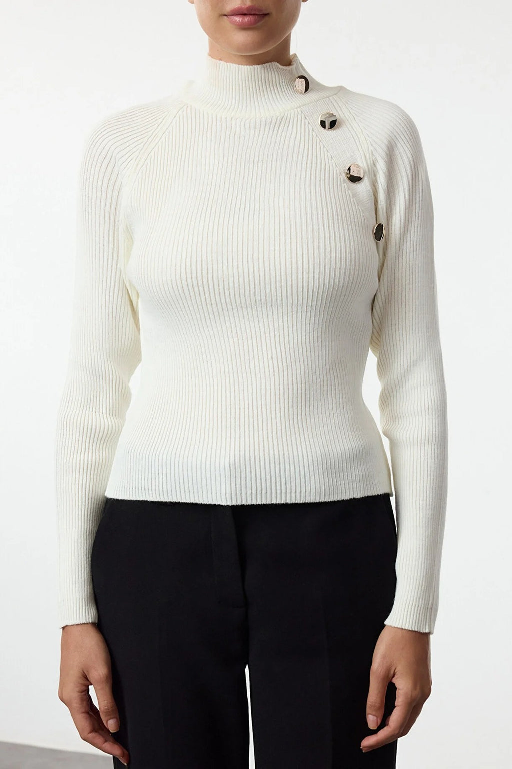 Stand-Up Collar Slim Fitted Knit Sweater with Button Details