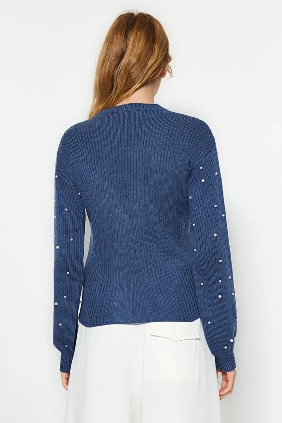 Crew Neck Knit Sweater with Pearl Details