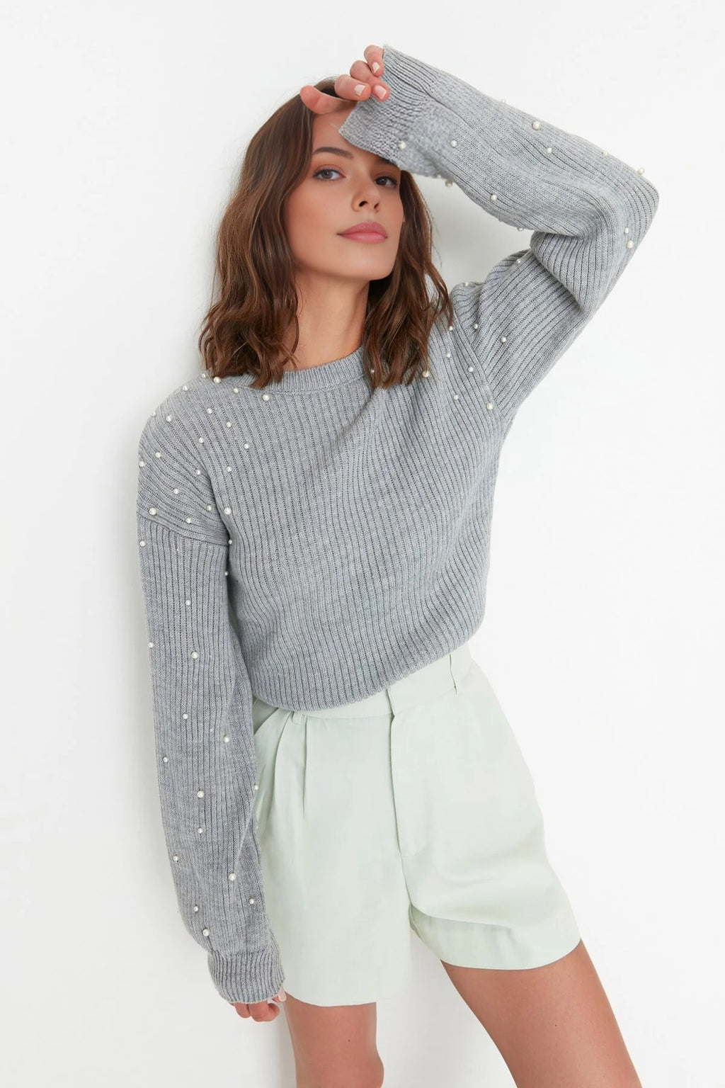 Crew Neck Knit Sweater with Pearl Details