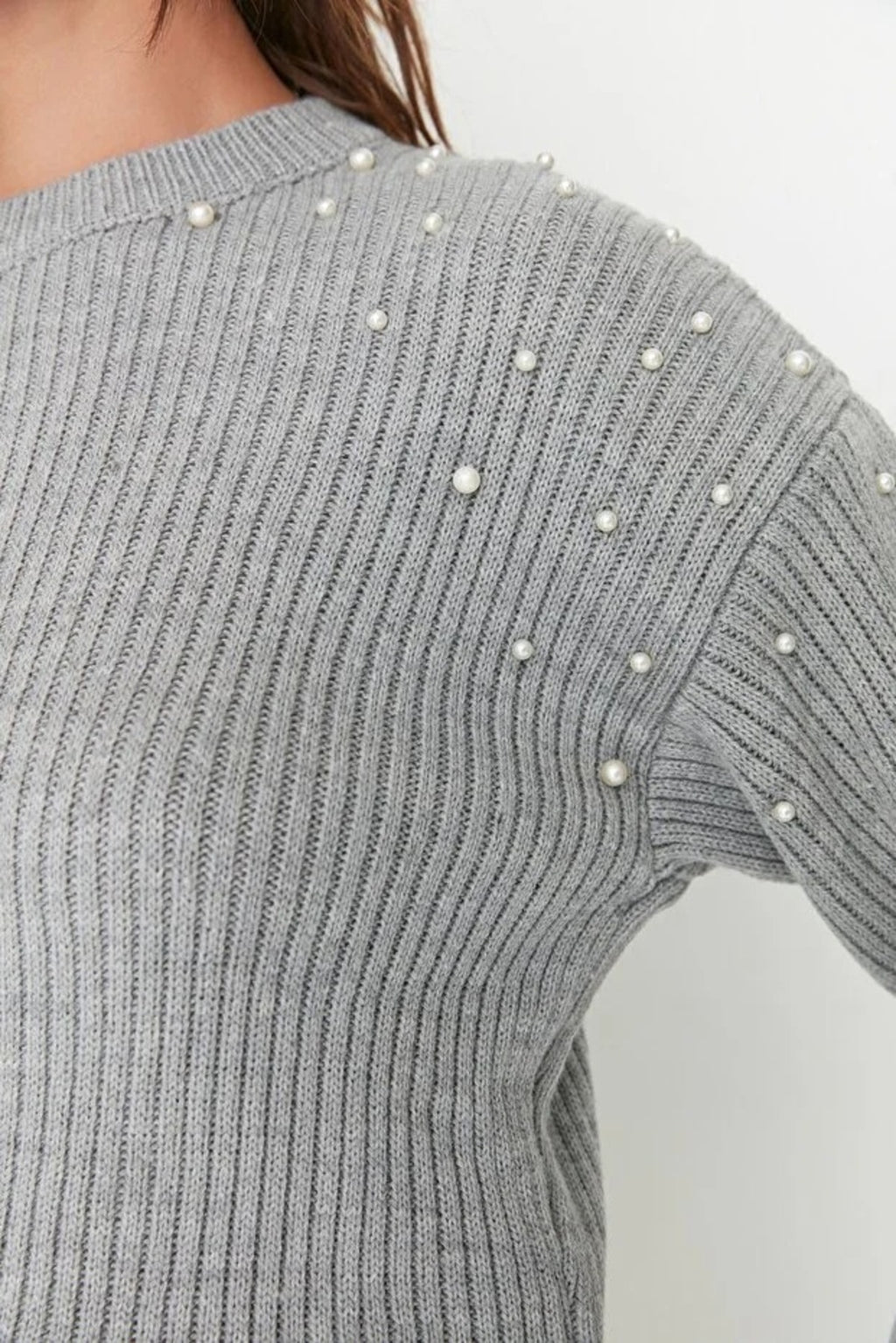 Crew Neck Knit Sweater with Pearl Details