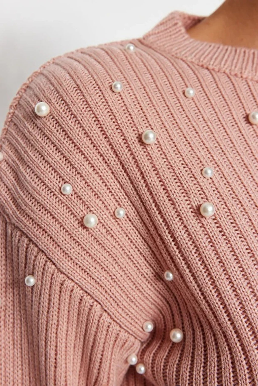 Crew Neck Knit Sweater with Pearl Details