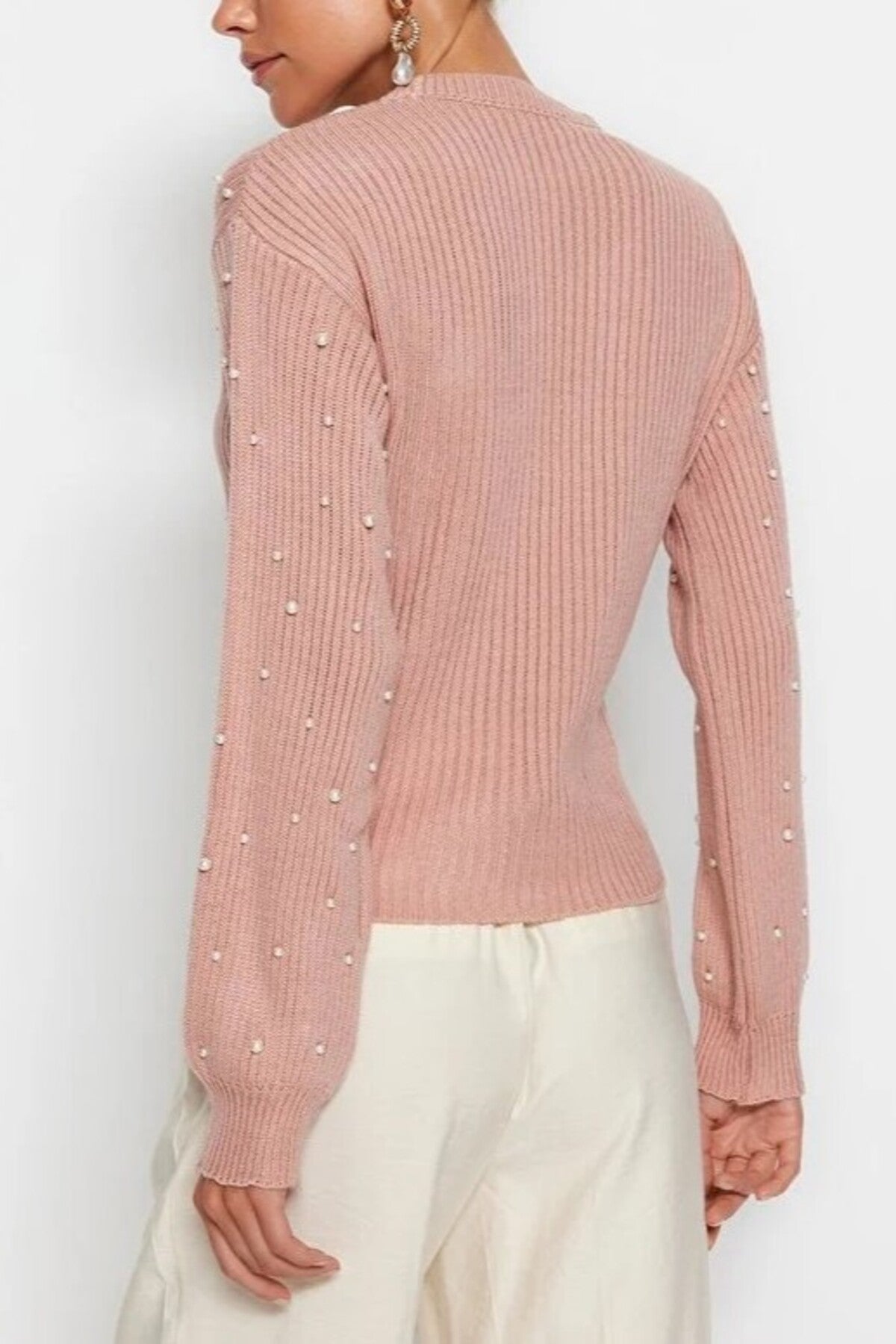 Crew Neck Knit Sweater with Pearl Details