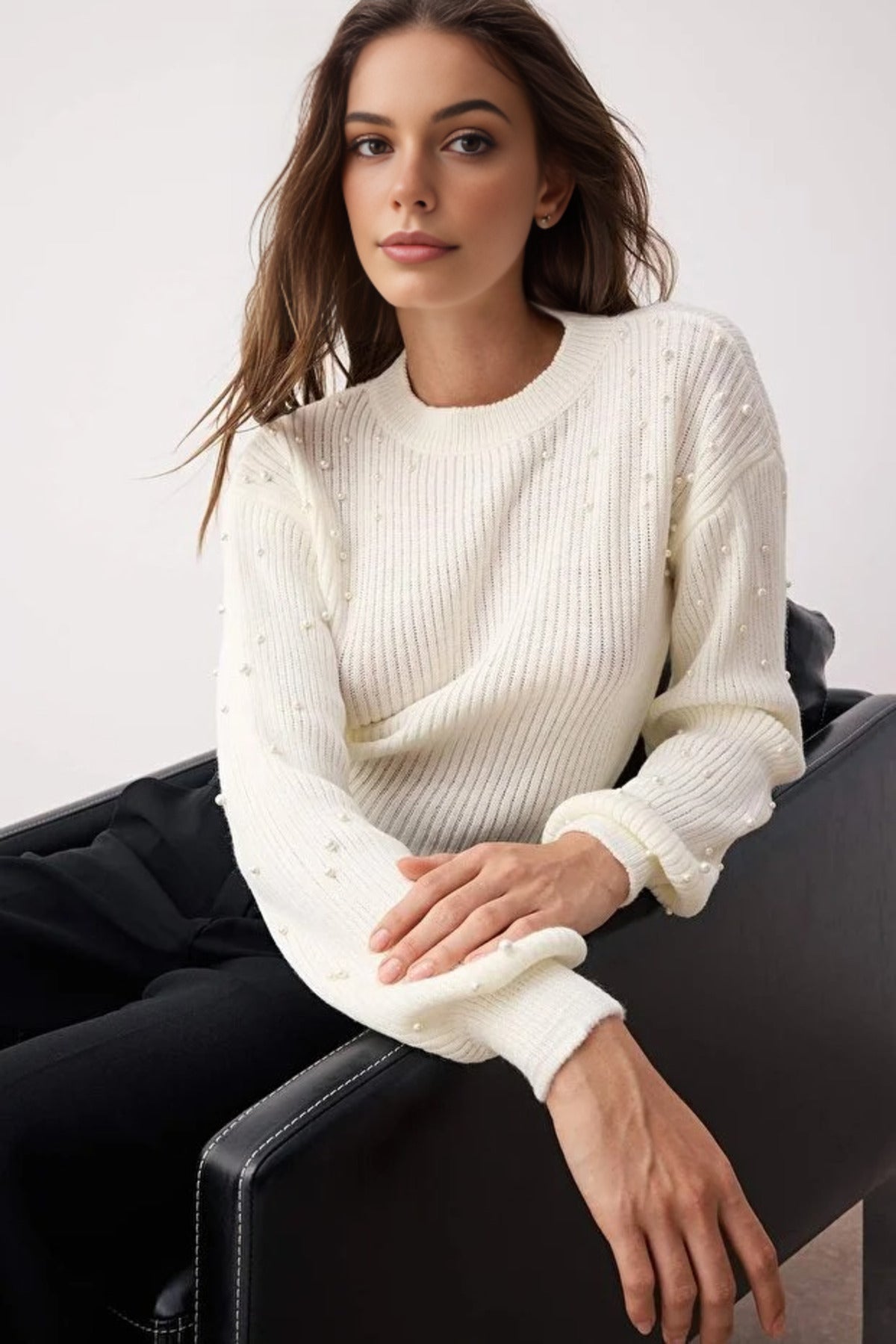 Crew Neck Knit Sweater with Pearl Details