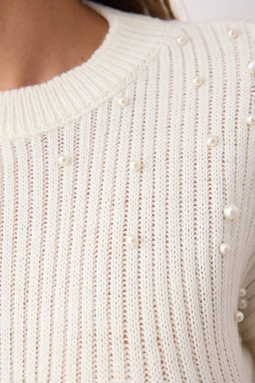 Crew Neck Knit Sweater with Pearl Details