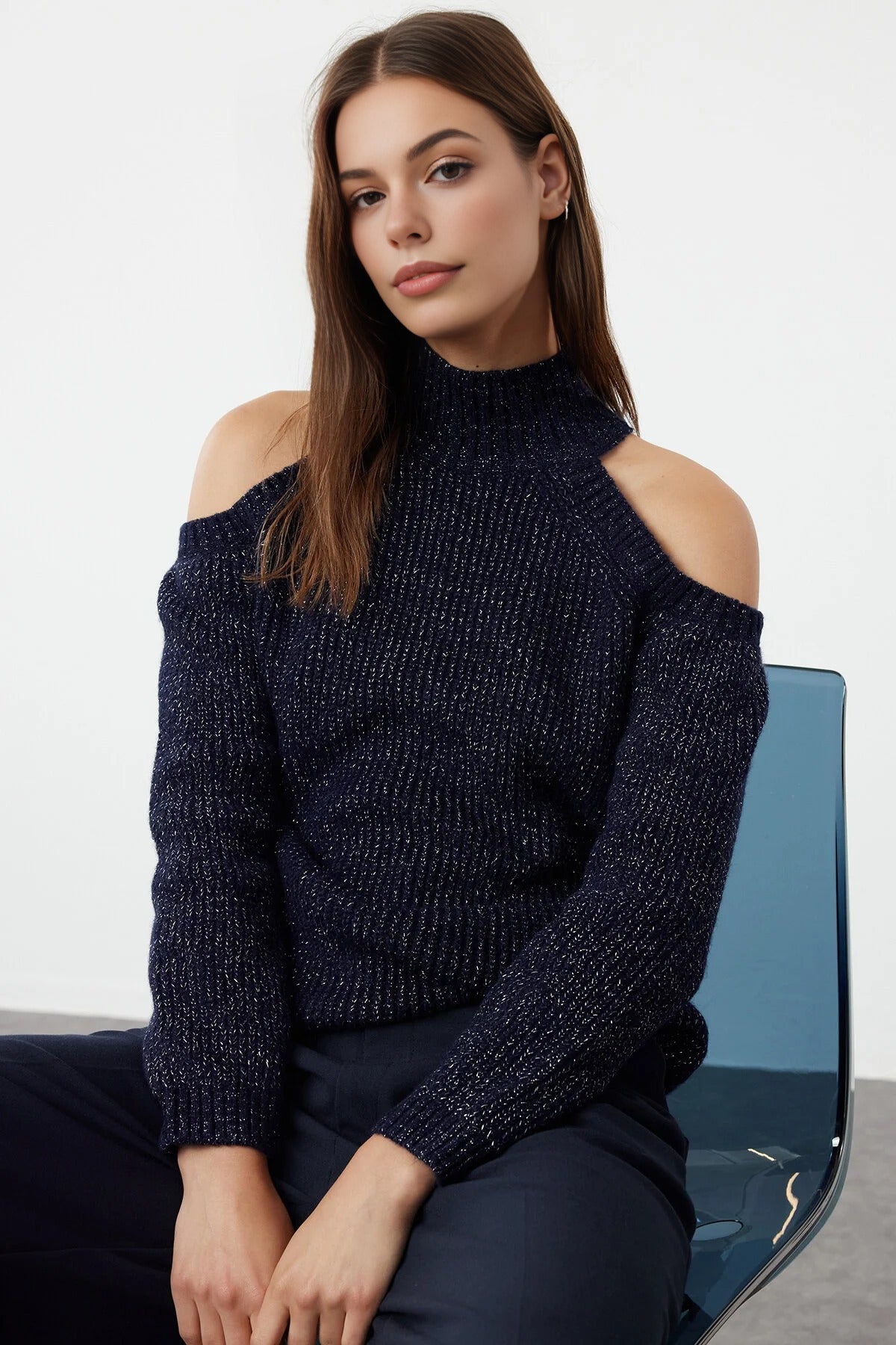 Glittery Knit Sweater with Cut-Out Detail