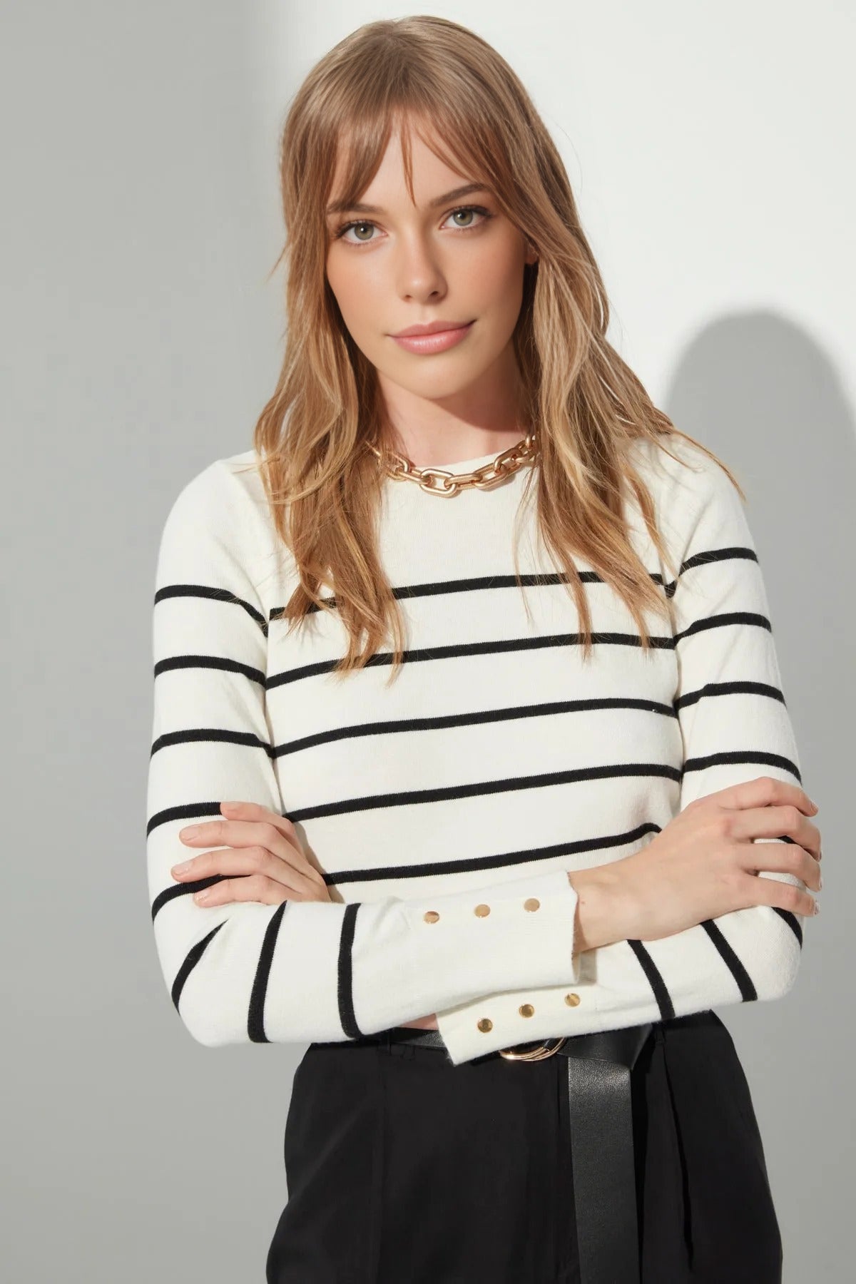 Crew Neck Striped Knit Sweater