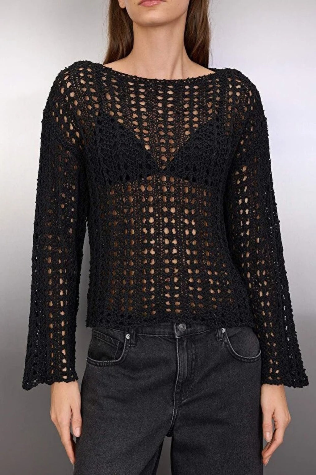 Openwork Boat Neck Knit Sweater