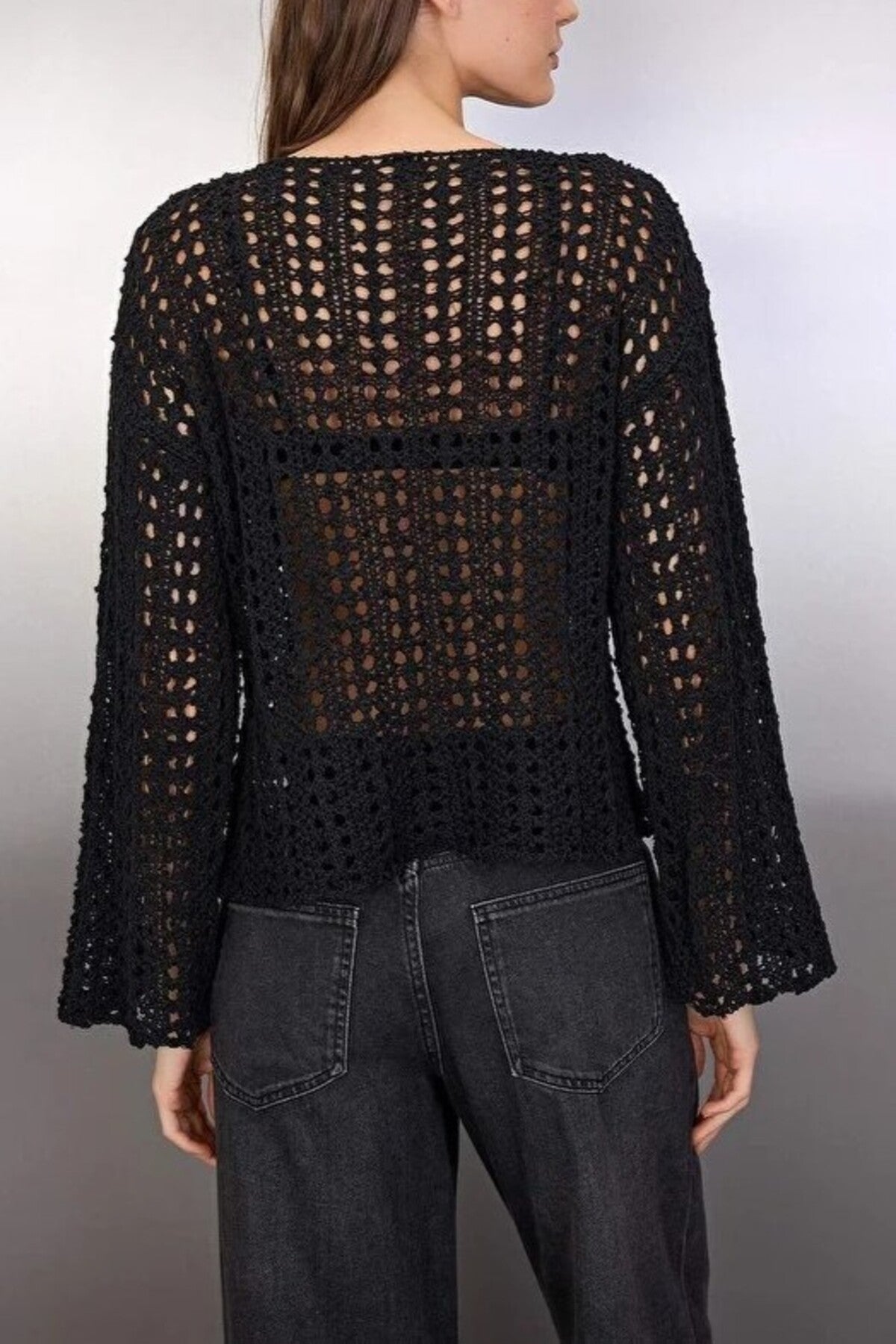 Openwork Boat Neck Knit Sweater
