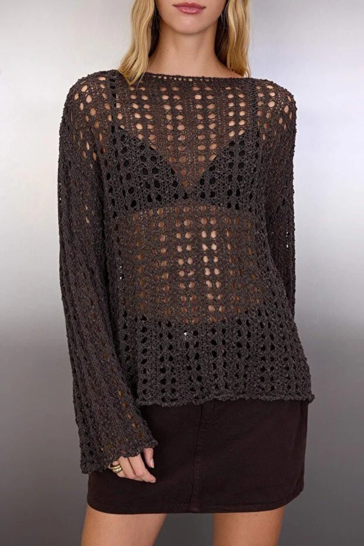 Openwork Boat Neck Knit Sweater
