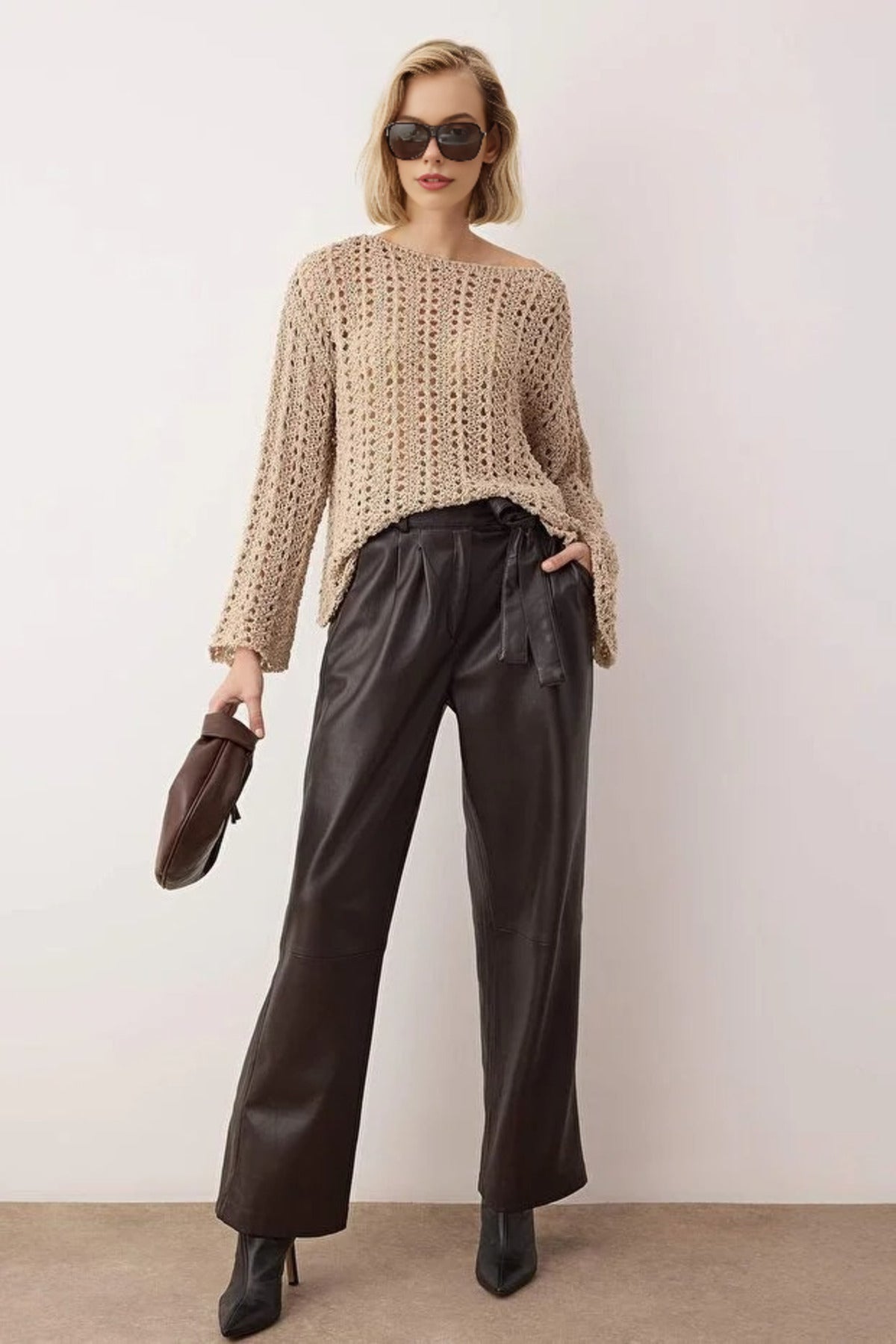 Openwork Boat Neck Knit Sweater